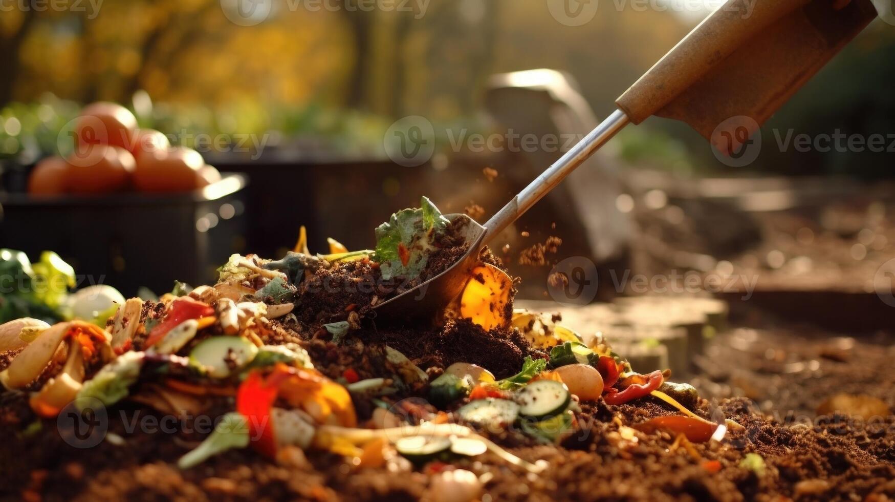 Closeup of a shovel mixing fresh food ss into a compost pile, aiding in the breakdown process. photo