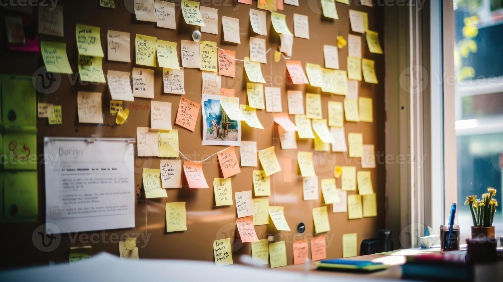 Closeup of a cork noticeboard displaying inspirational quotes and postit notes next to a desk in a tiny house home office. photo