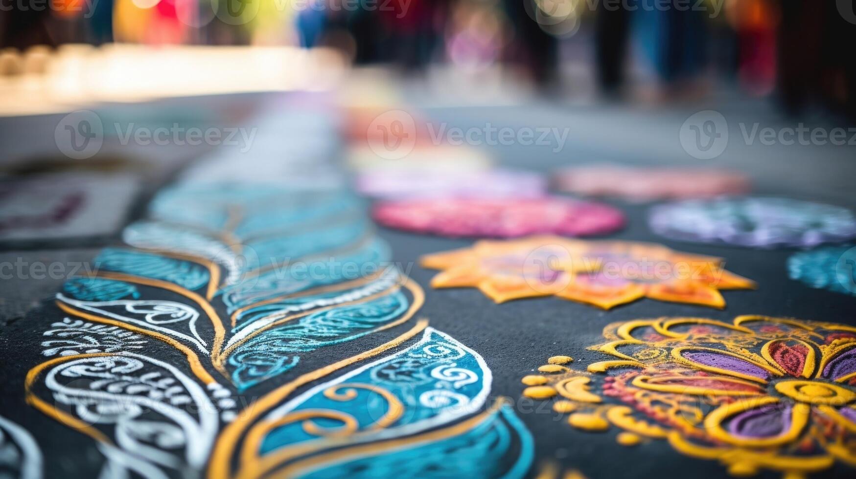 Detailed view of chalk art on the sidewalk, featuring intricate portraits and designs. photo