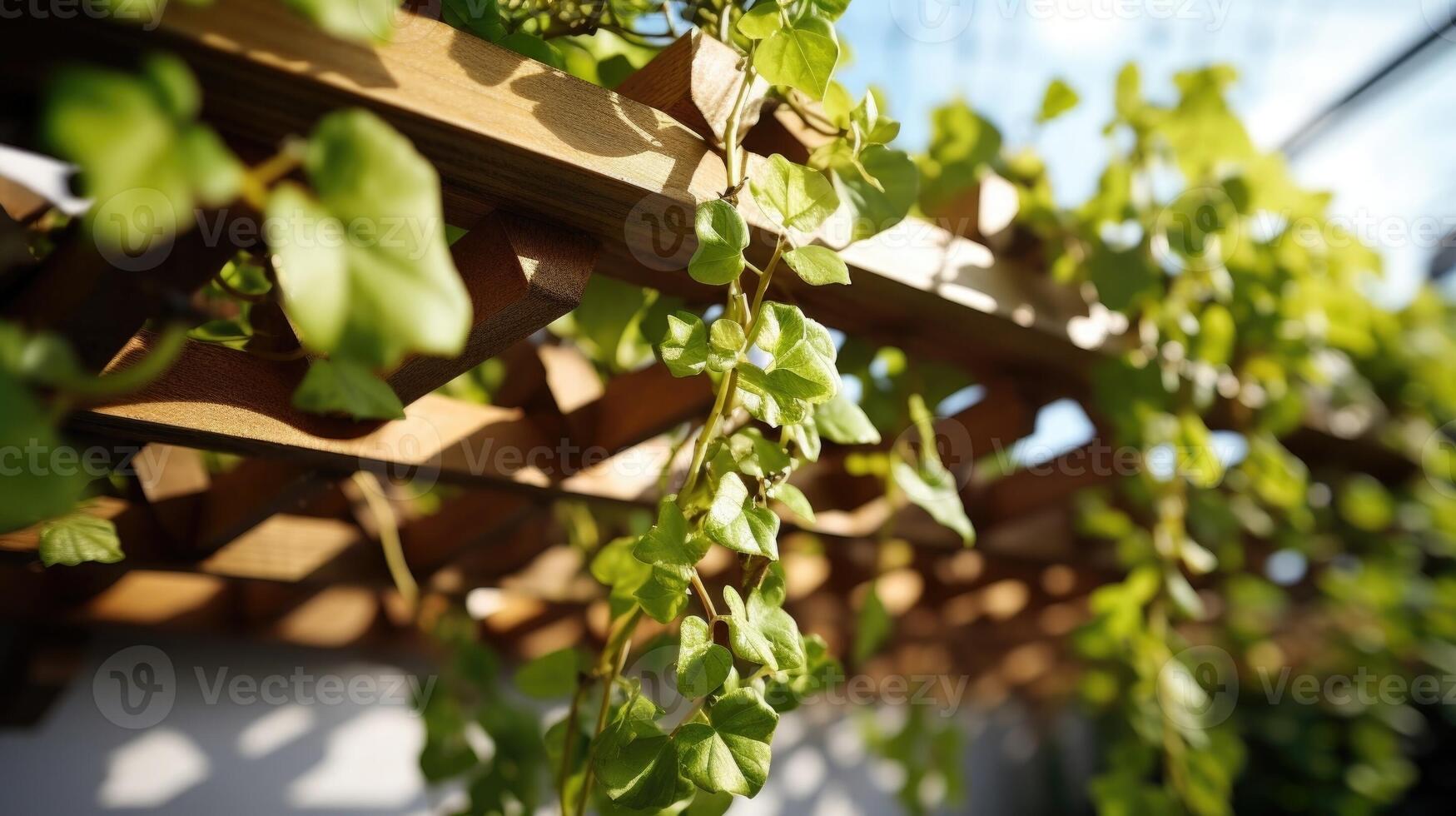 Closeup of intricate wooden trellis covered in crawling ivy, adding a touch of nature to the urban rooftop. photo