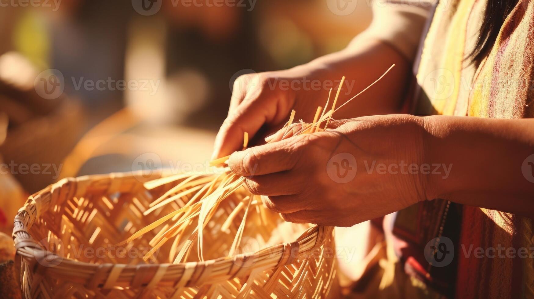 Closeup of hands carefully weaving a traditional basket using natural materials. photo