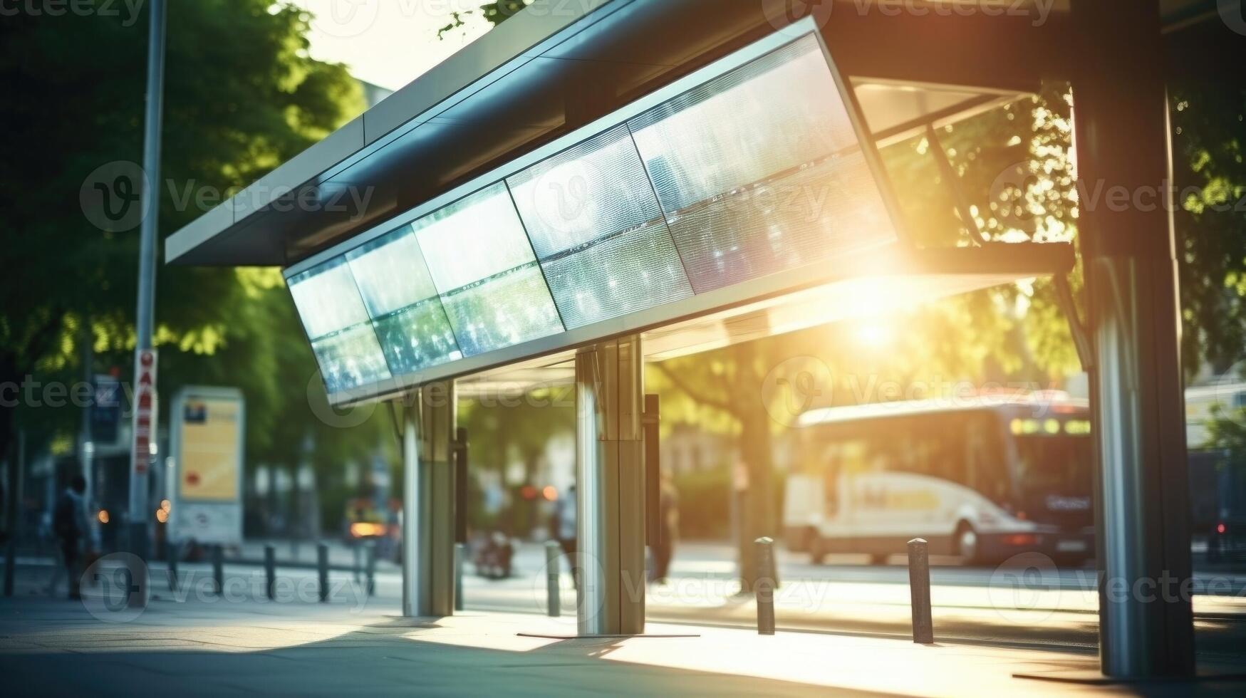 Closeup of a solarpowered bus stop, with panels on its roof providing renewable energy to power the digital display board and lighting. photo