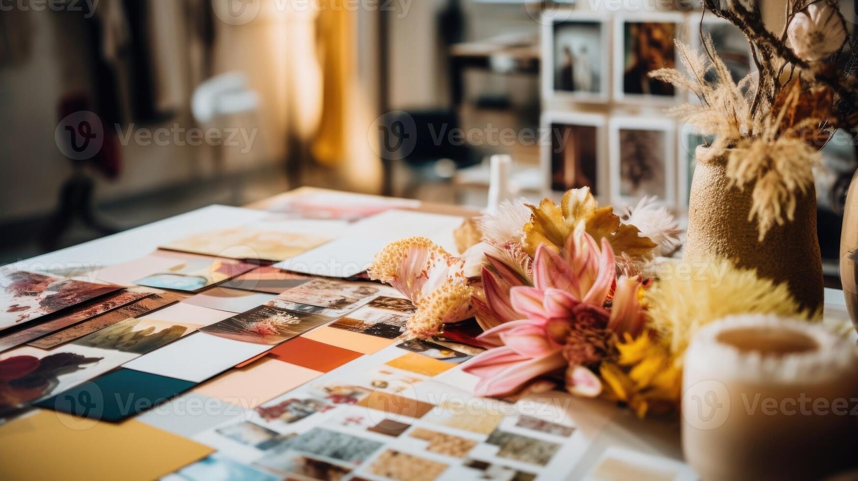 Closeup of a mood board featuring a mix of textures, colors, and patterns, offering a glimpse into a designers creative process. photo