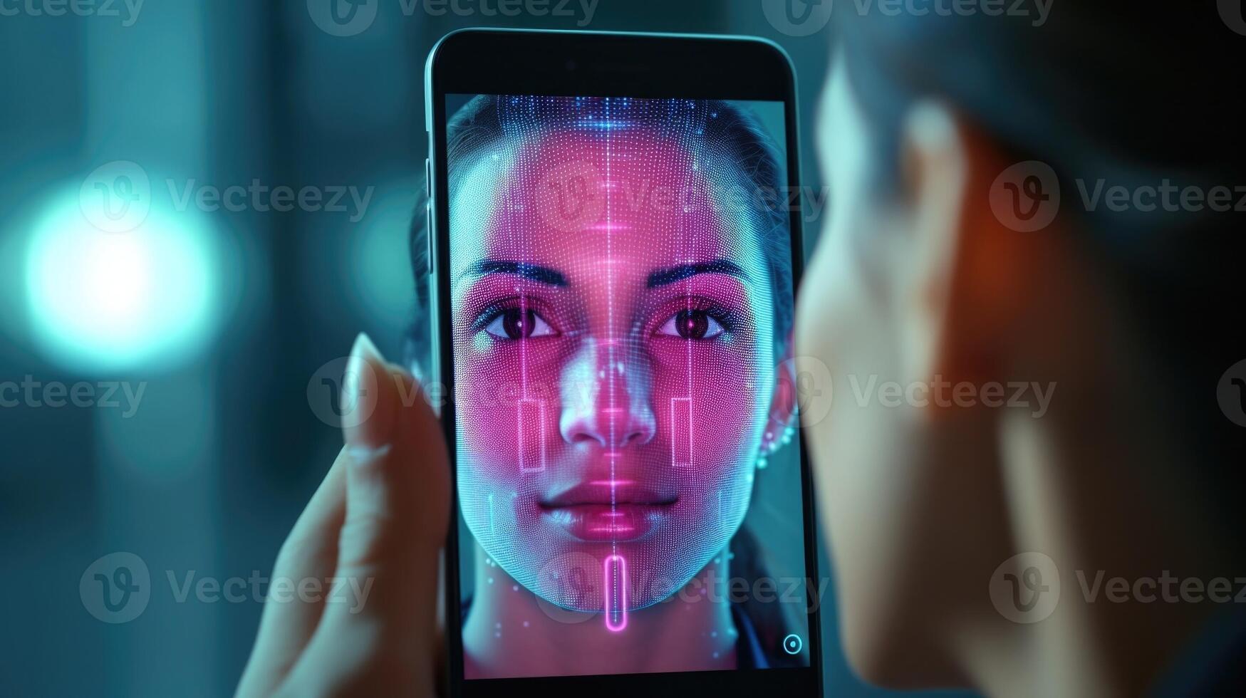 Closeup of a smartphone displaying a of a 3D face scan, being used for a comprehensive skin analysis with the app. photo