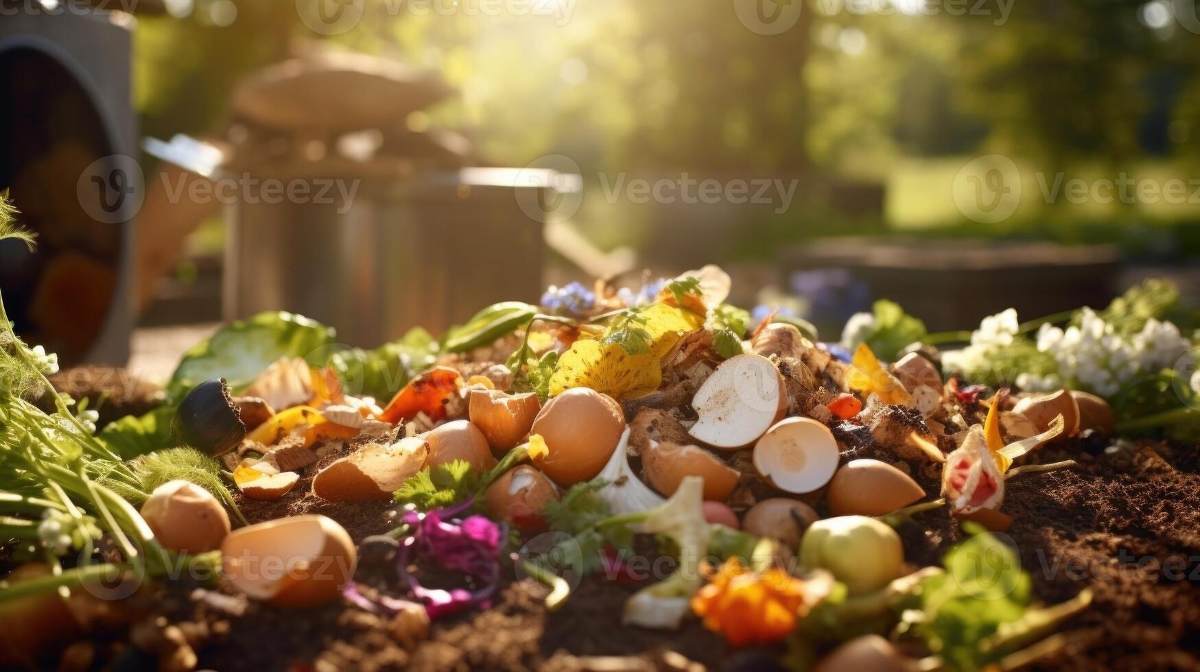 Closeup of a compost bin filled with food ss and natural materials, a sustainable way to dispose of waste. photo