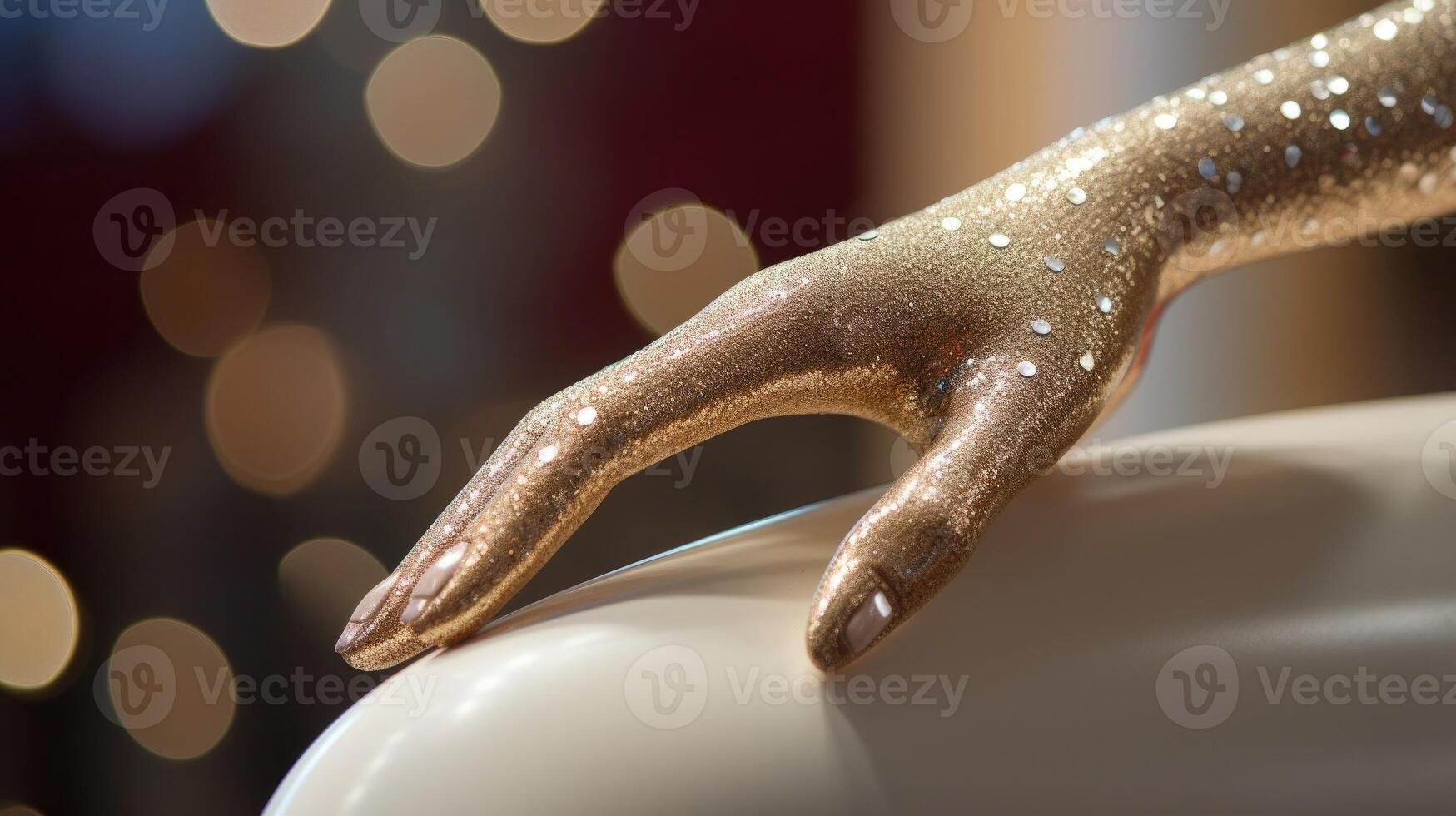 Closeup of a mannequins hand, adorned with an elegant tail ring, showcasing a designers attention to detail. photo