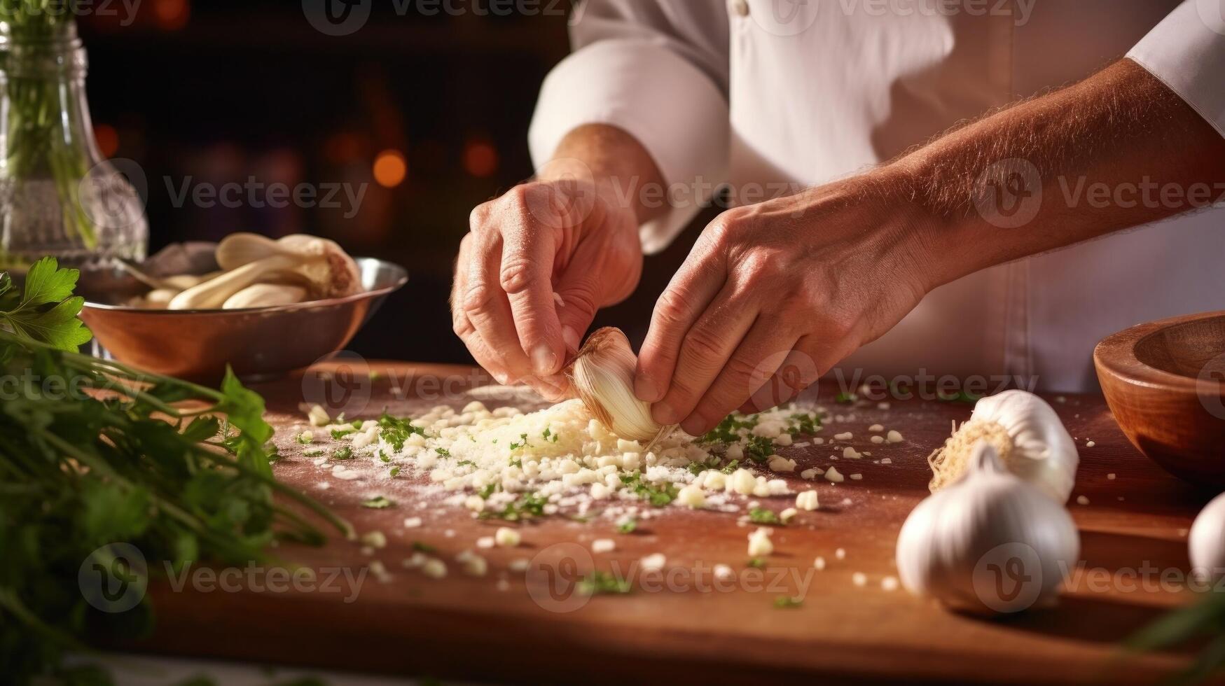 Closeup of a celebrity chefs hands skillfully mincing garlic as they teach a virtual audience how to make their signature sauce. photo