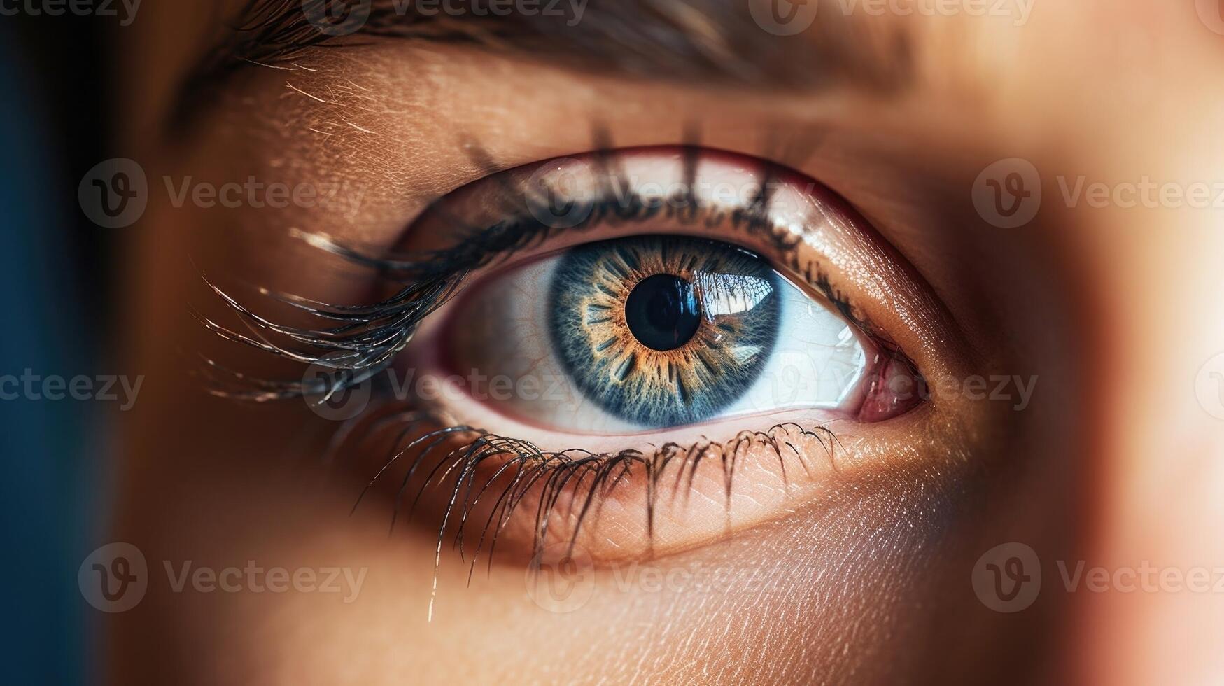 Closeup of a persons eye reflected in a computer screen, while they listen to an online safety lecture. photo