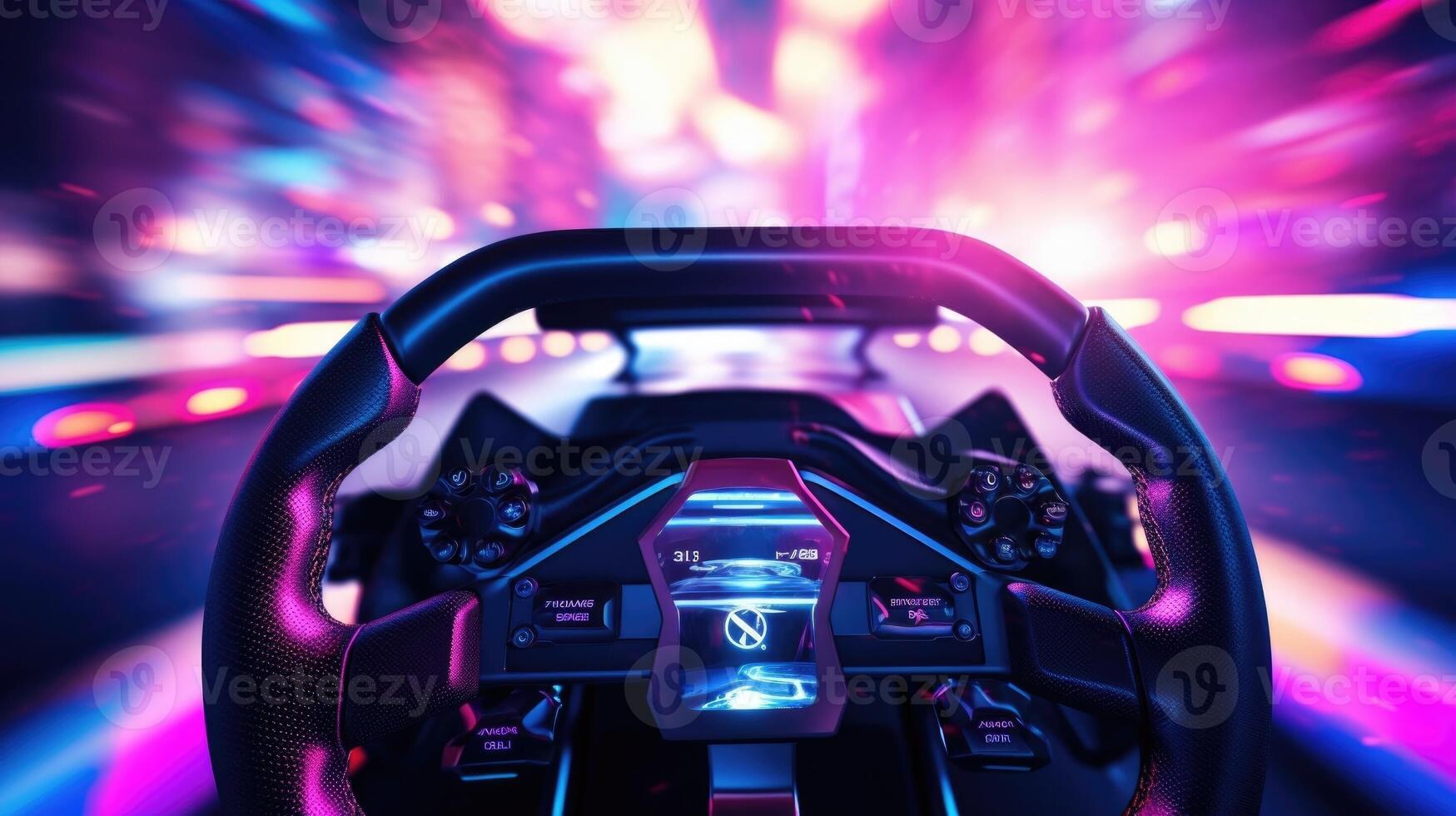 Closeup of a VR racing wheel, with realistic force feedback and responsive pedals for a thrilling driving simulation. photo
