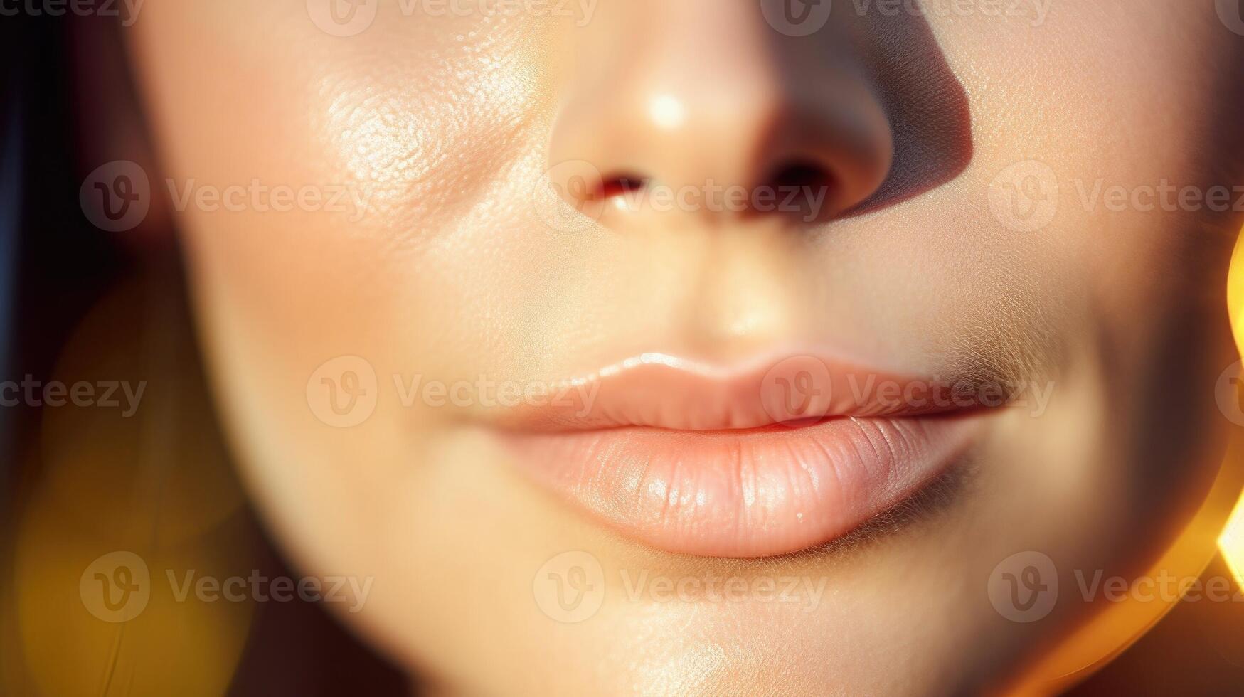 Closeup of a droplet of antiaging serum resting on a womans cheek, ready to be absorbed. photo