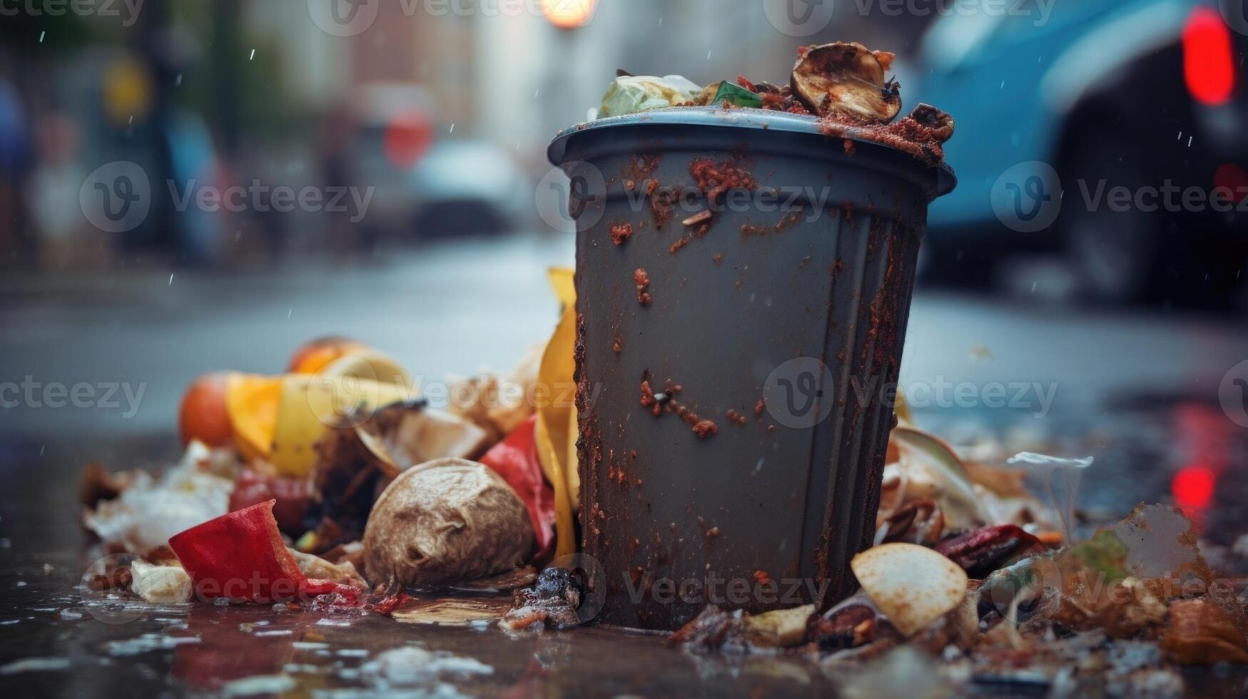 A macro shot of various types of waste overflowing from a garbage can, emphasizing the challenge of waste management and sustainable solutions in densely populated cities. photo