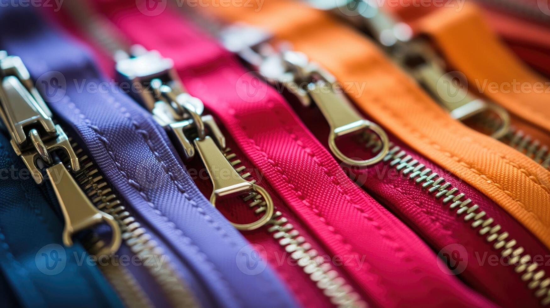 Closeup of various ons, zippers, and clasps neatly arranged in a sewing kit. photo