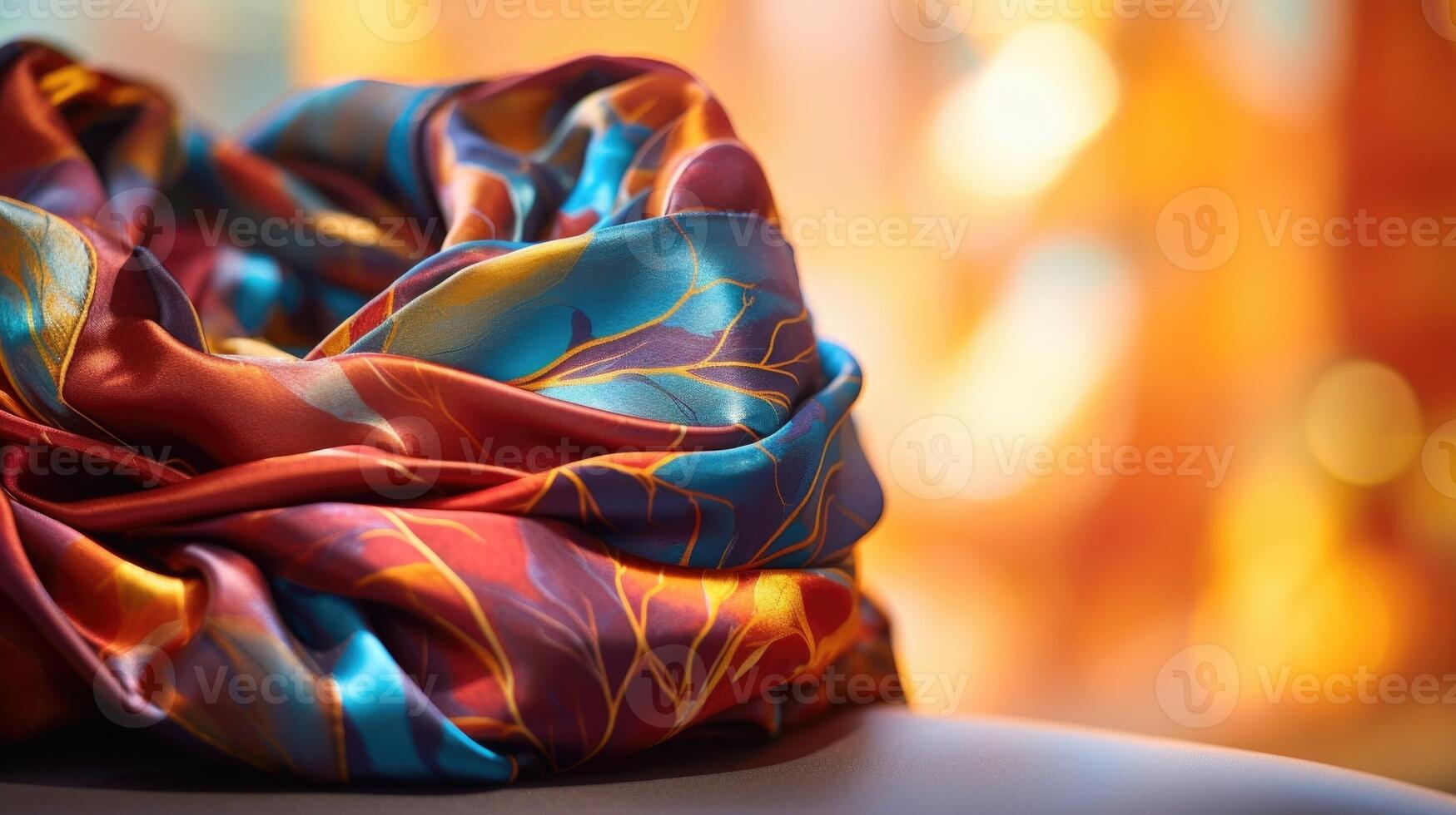 Closeup of a statement scarf, made from luxurious silk and adorned with a bold, abstract print. photo