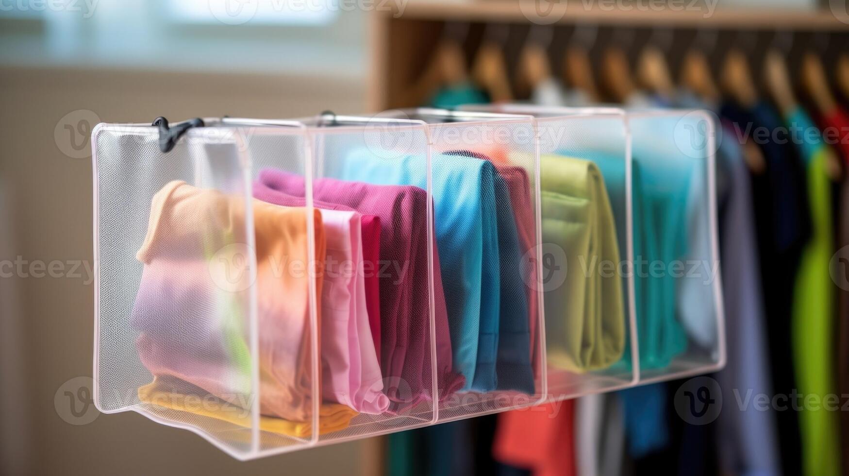 Closeup of a hanging clothes organizer with labeled compartments for different seasons. photo