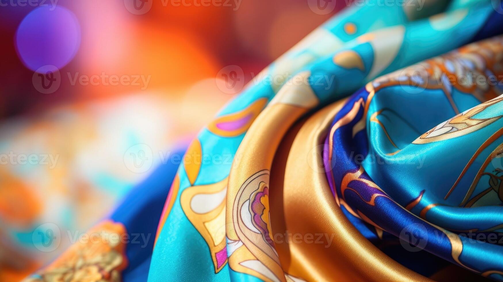 Closeup of a luxurious silk scarf in a bold abstract print. photo