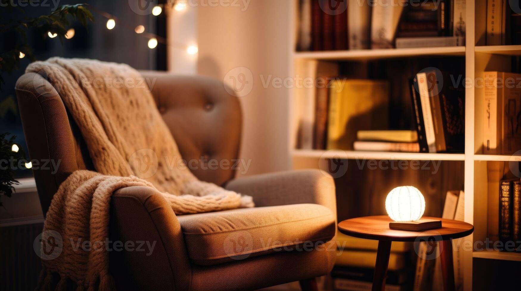 Closeup of a cozy reading corner with a comfortable armchair and a small bookshelf in a tiny house office. photo
