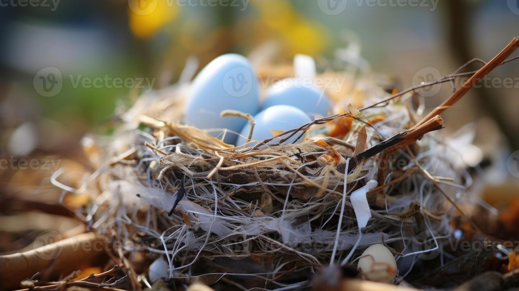 Closeup of a bird nest made entirely out of plastic materials, a startling sight and a result of plastic litter in our environment. photo