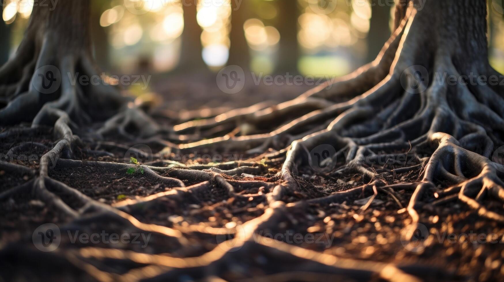 Closeup of a network of roots intertwined in the ground, showcasing the intricate and essential role trees play in maintaining healthy ecosystems. photo