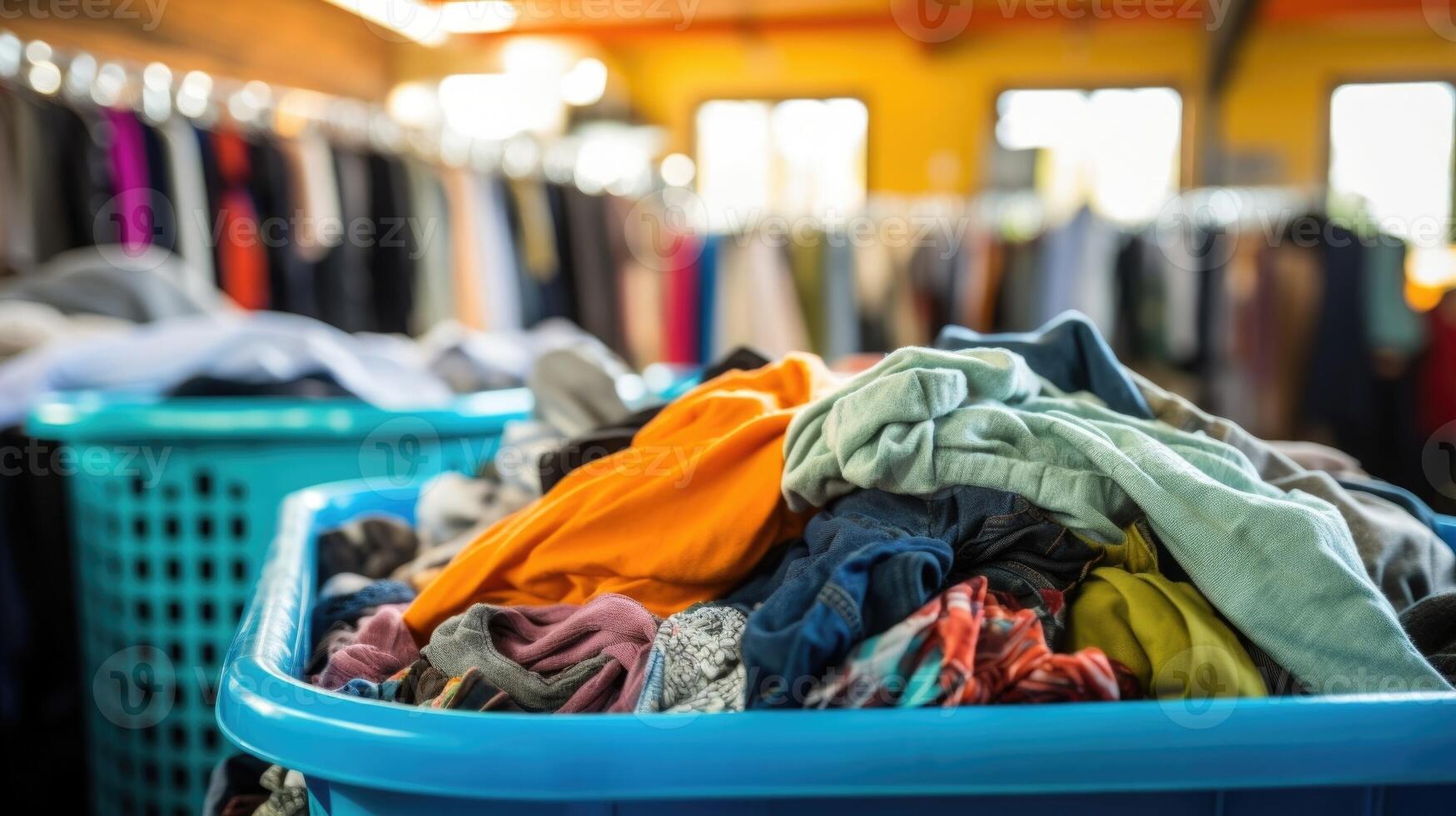 Closeup of a bin filled with gently used clothing and ries at a communityshared resource centers clothing bank. photo