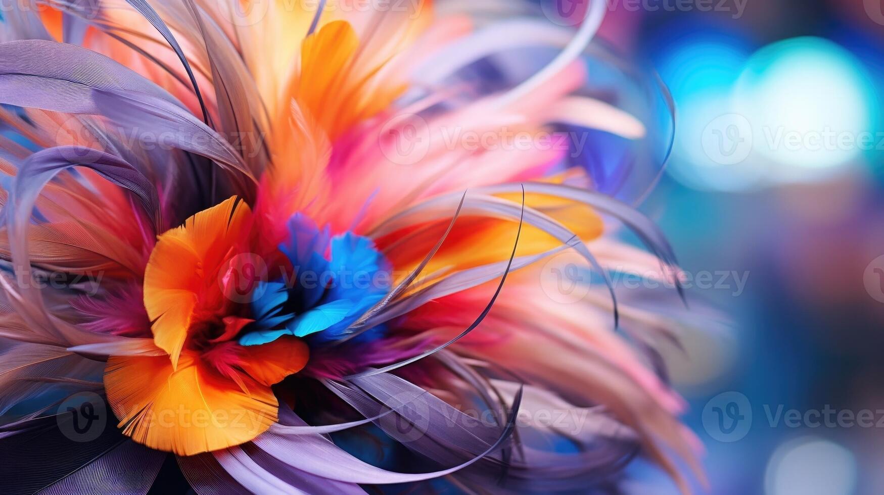 Closeup of a statement hair clip, featuring an oversized flower made of vibrant colored feathers. photo