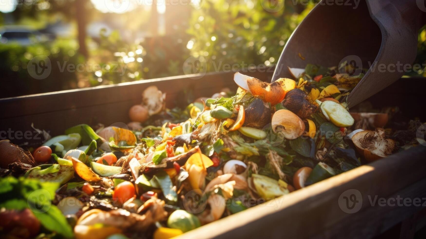 Closeup of a compost bin with organic waste inside. photo