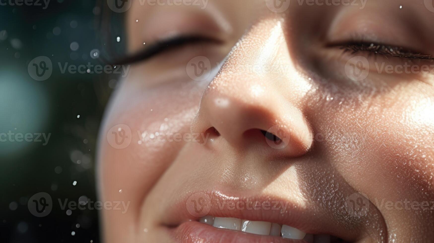 Macro shot of a clean face being sprayed with refreshing acne control mist. photo