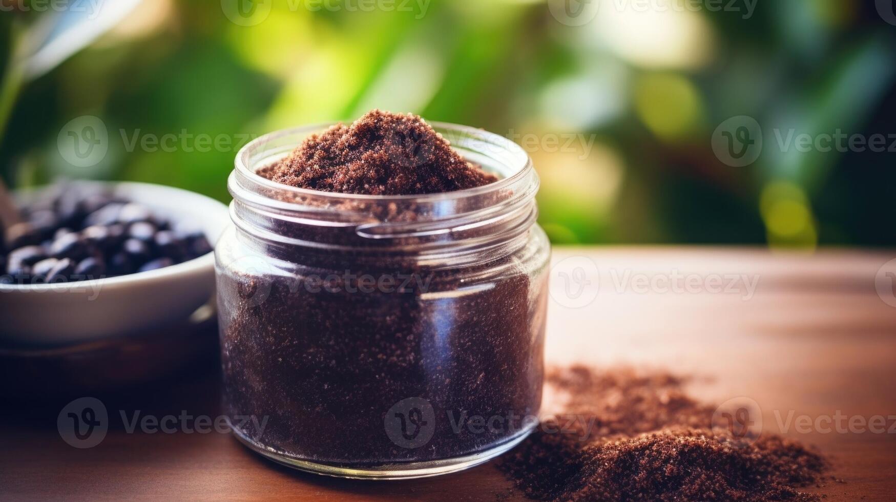Closeup of a glass jar filled with homemade body scrub, made from ethically sourced coffee grounds and sugar. photo