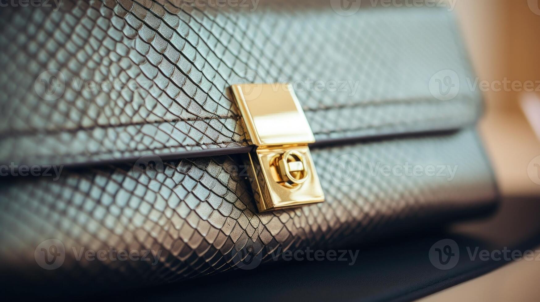 Macro view of a sleek leather clutch, accentuated by a glossy gold clasp and delicate embossed pattern. photo