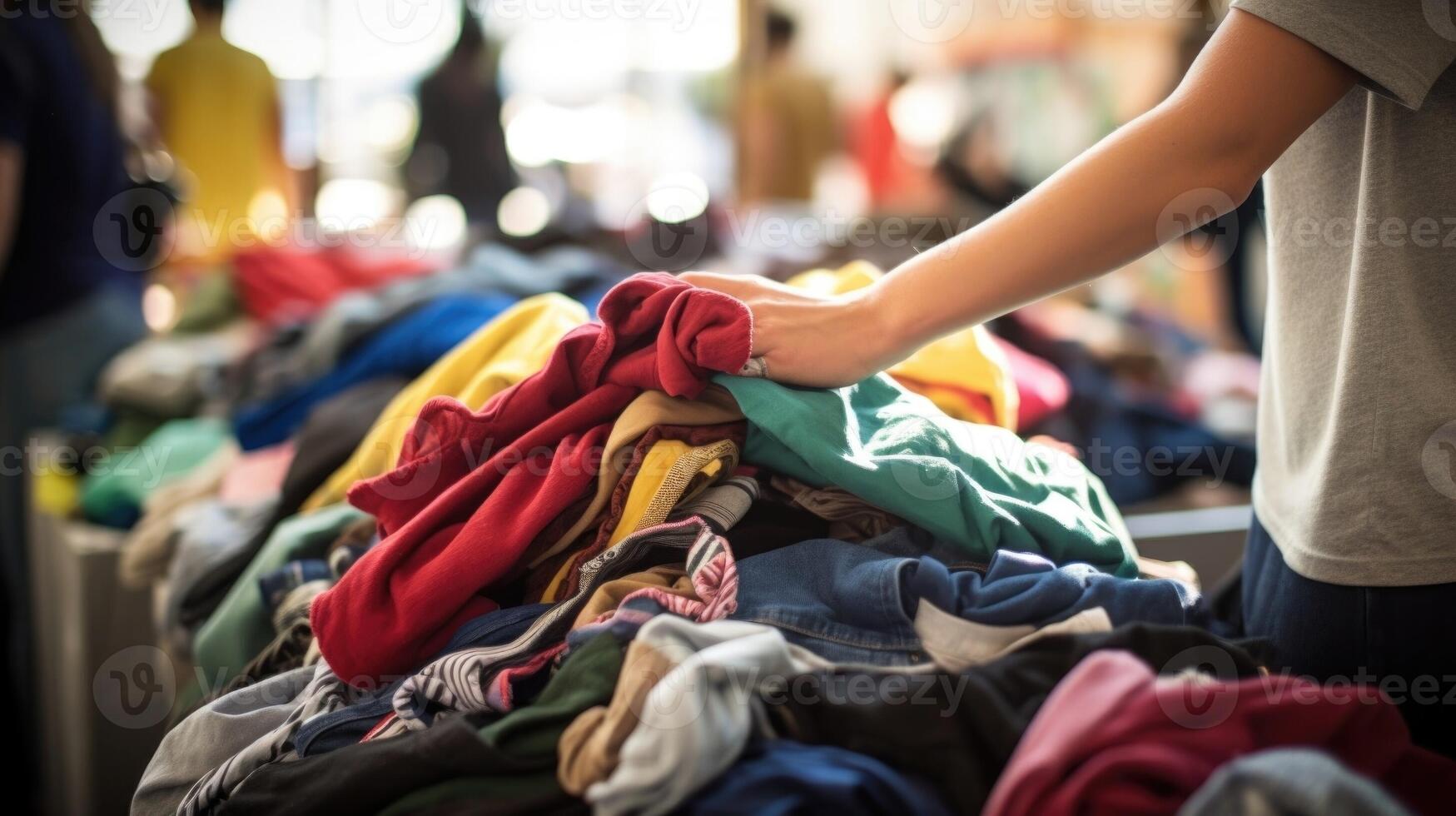 Closeup of a pile of donated clothes being sorted by teen volunteers photo