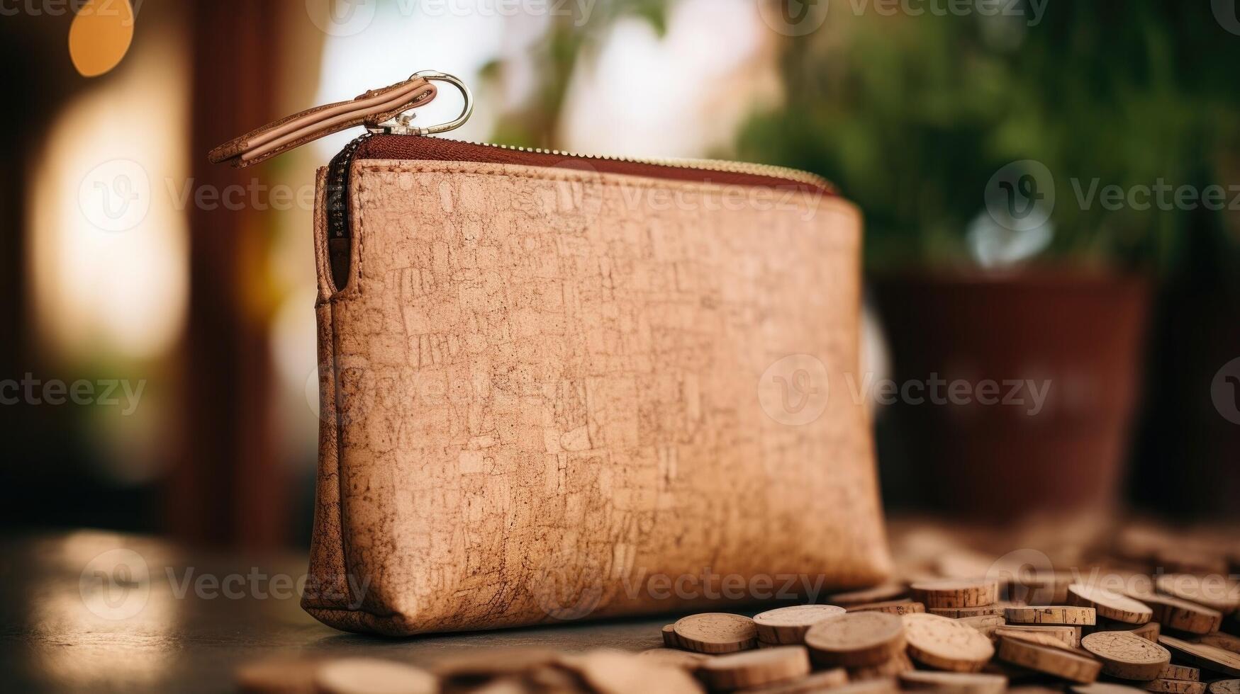Upclose view of a sustainablysourced cork purse, emphasizing the innovative use of renewable materials in fashion. photo