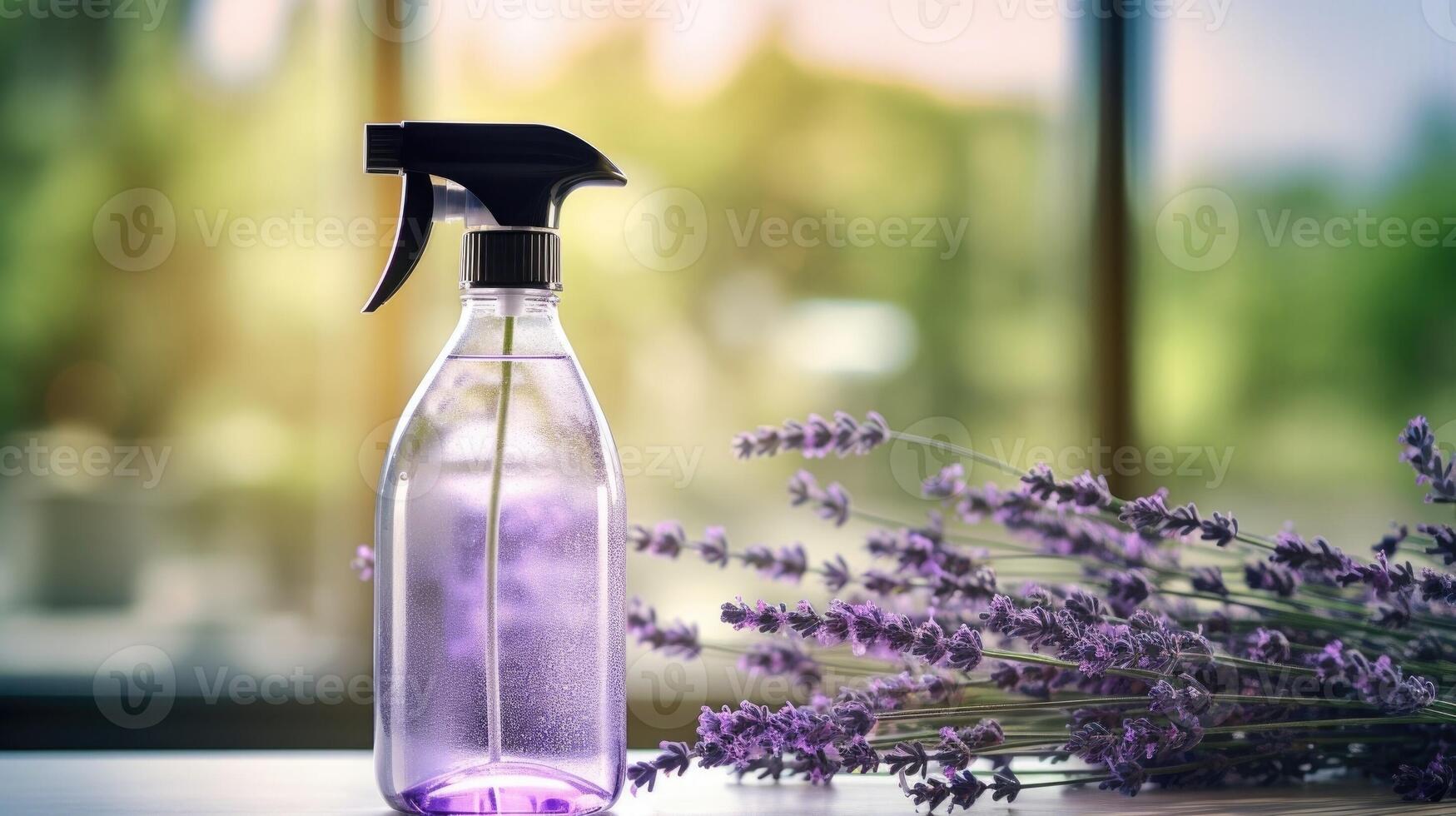 Closeup of a reusable glass spray bottle filled with allpurpose cleaner, featuring a sprig of fresh lavender. photo