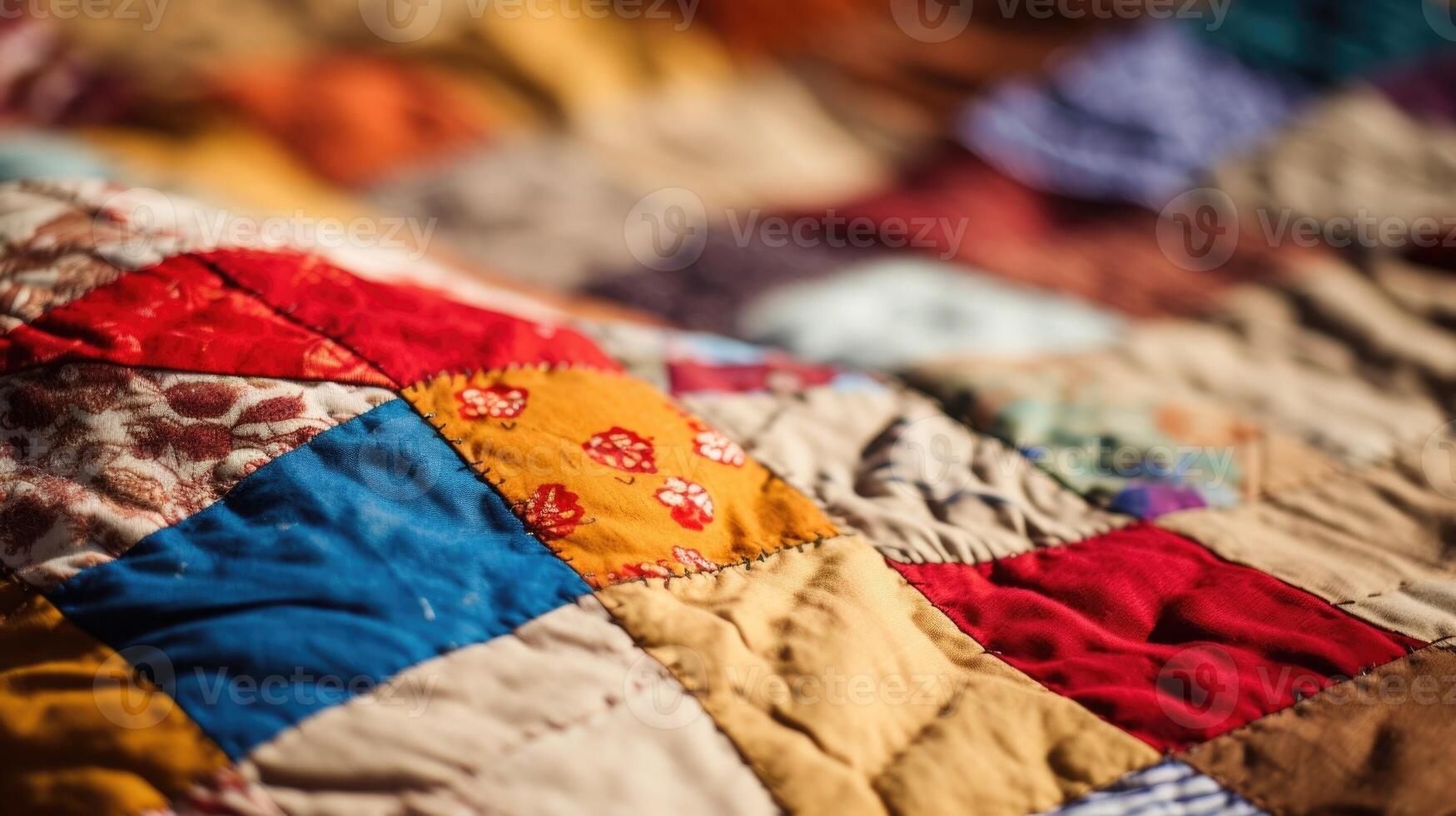 Closeup of a handstitched patchwork quilt made from ss of fabrics, promoting its sustainable and oneofakind nature. photo