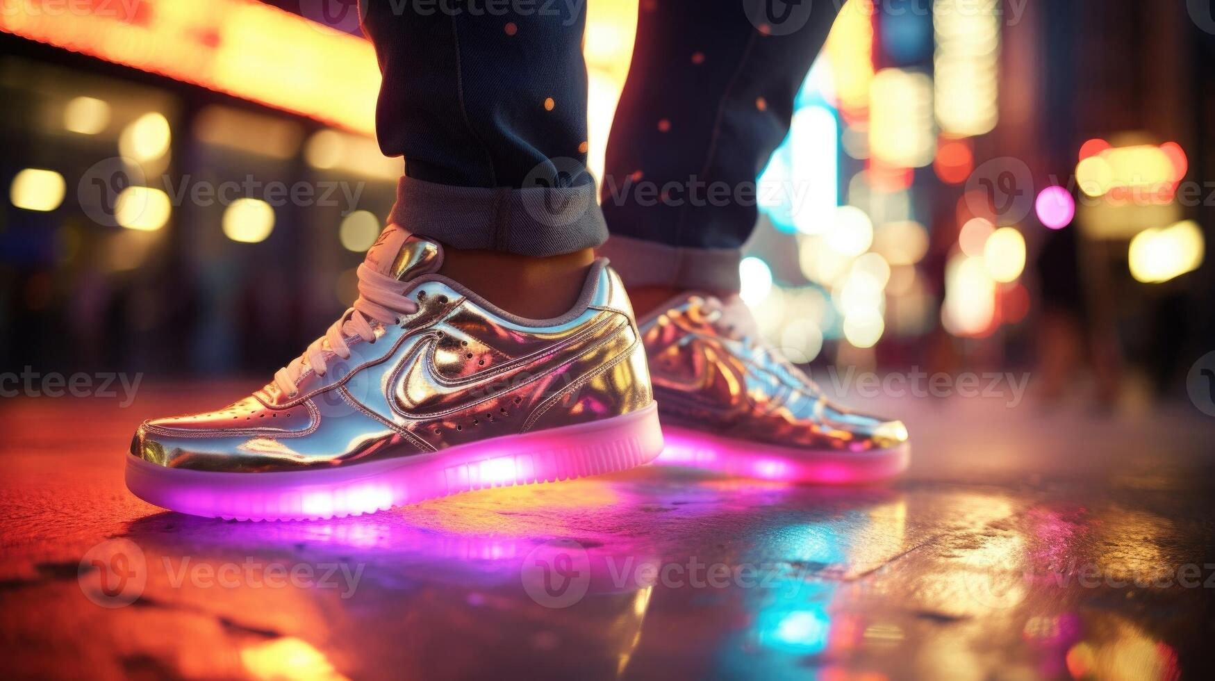 Closeup of a modern pair of metallic sneakers, catching the light from the neon signs of a bustling city street. photo