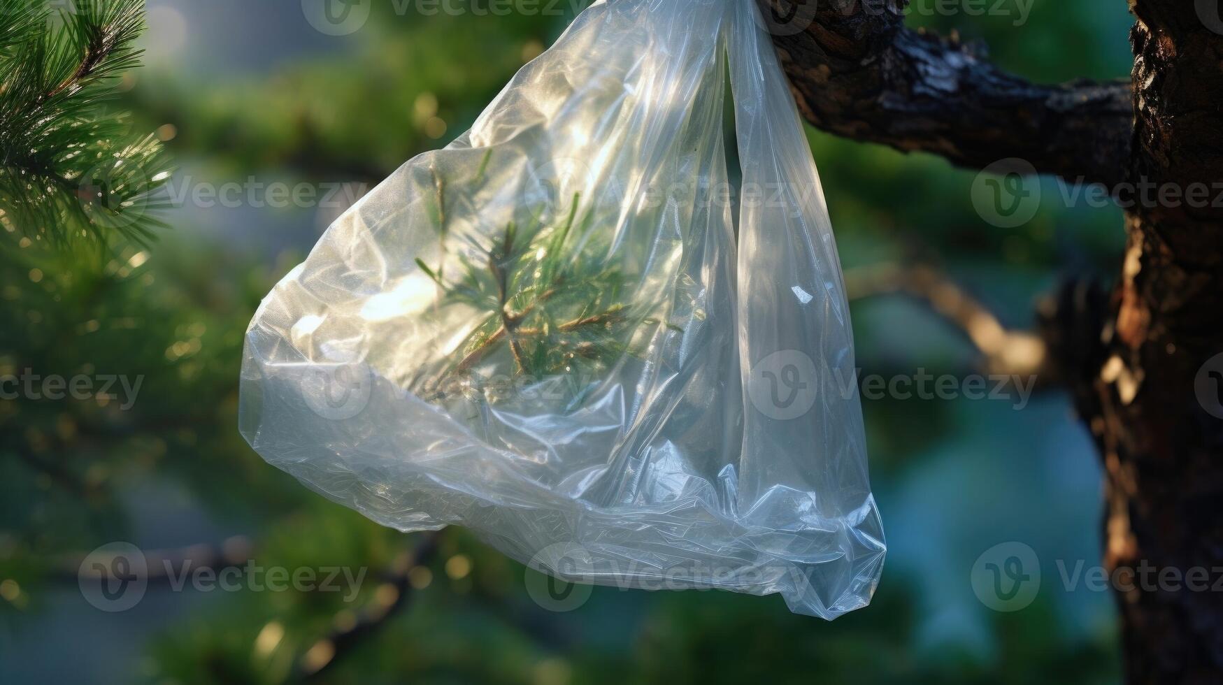 Extreme closeup of a plastic bag caught in the branches of a tree, emphasizing how far plastic pollution can travel. photo
