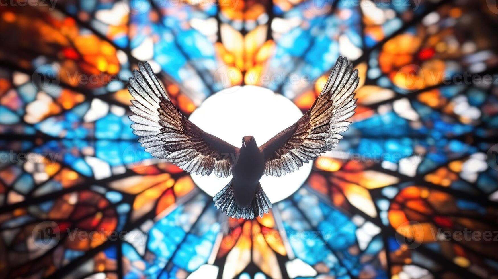 Closeup of a mesmerizing kaleidoscope made of stained glass featuring the dove of peace. photo