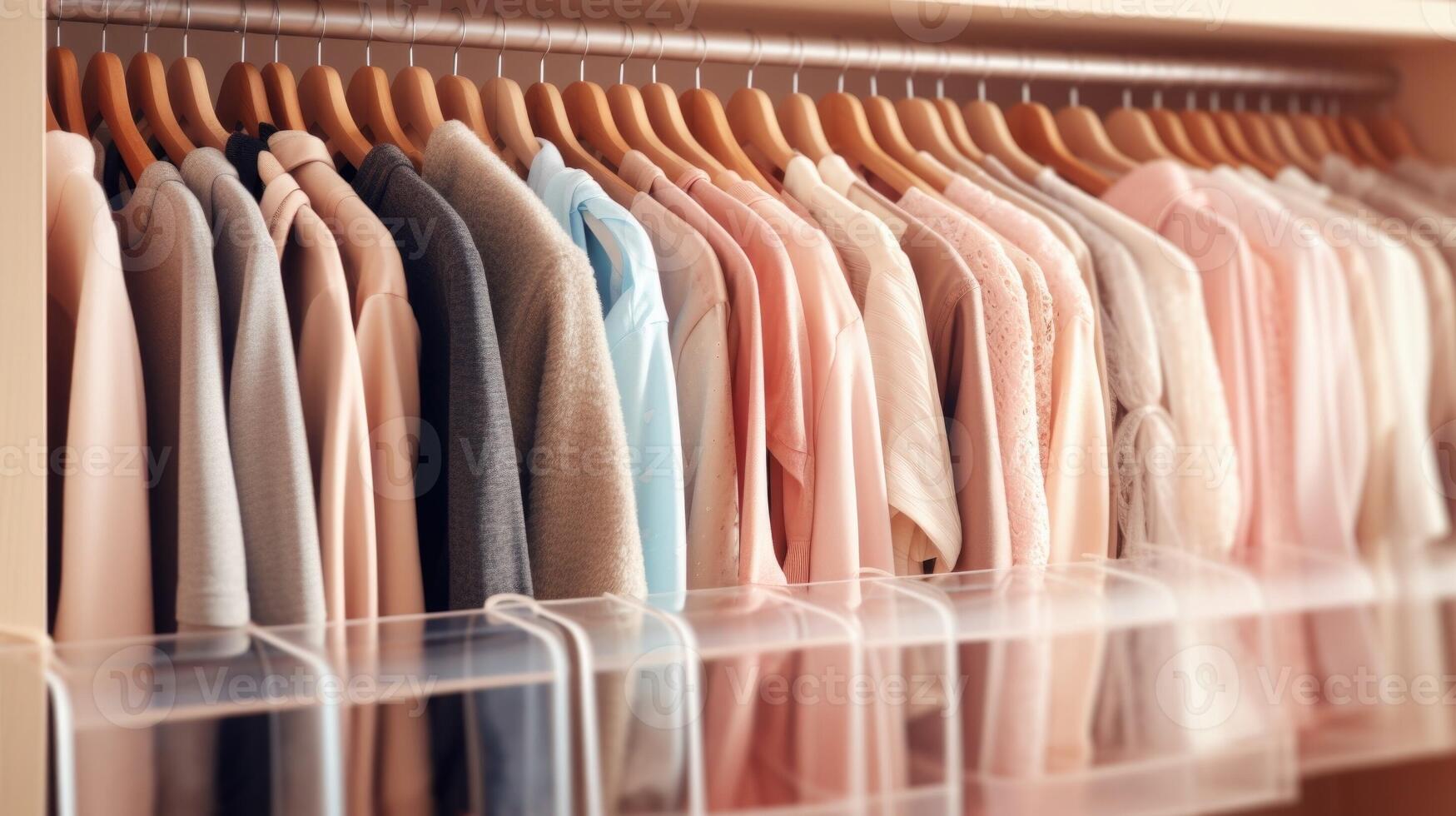 Closeup of a sectioned hanging closet organizer with different compartments for sweaters, longsleeve shirts, and dresses. photo