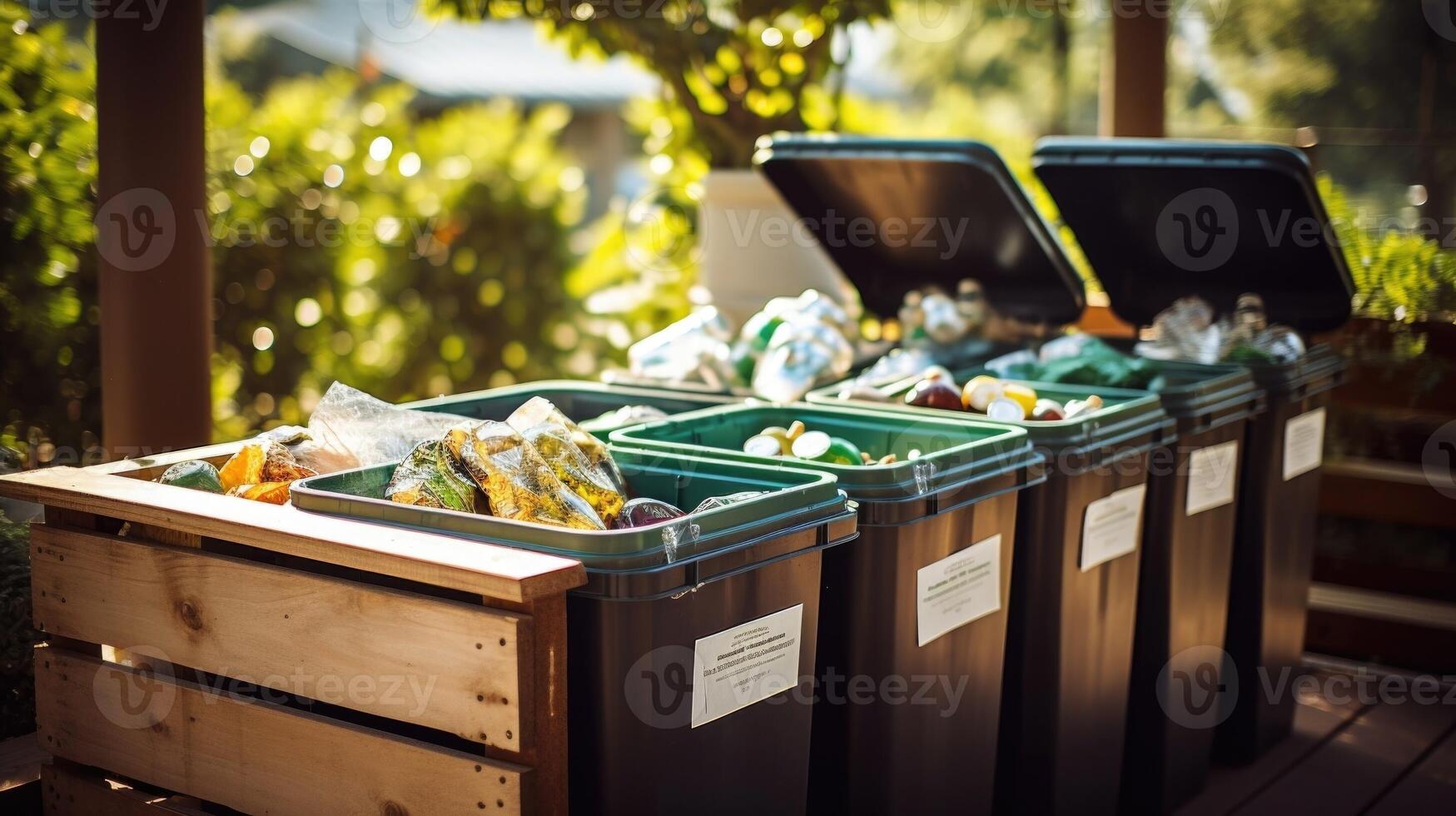 Closeup of a recycling and composting station, with separate bins for different types of waste, promoting sustainable waste management practices. photo