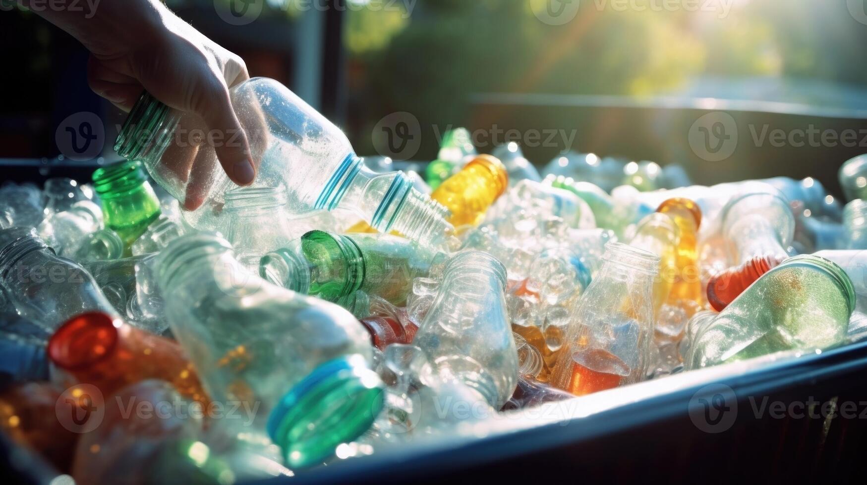 Closeup of glass jars and bottles being rinsed before being p in the recycling bin. photo