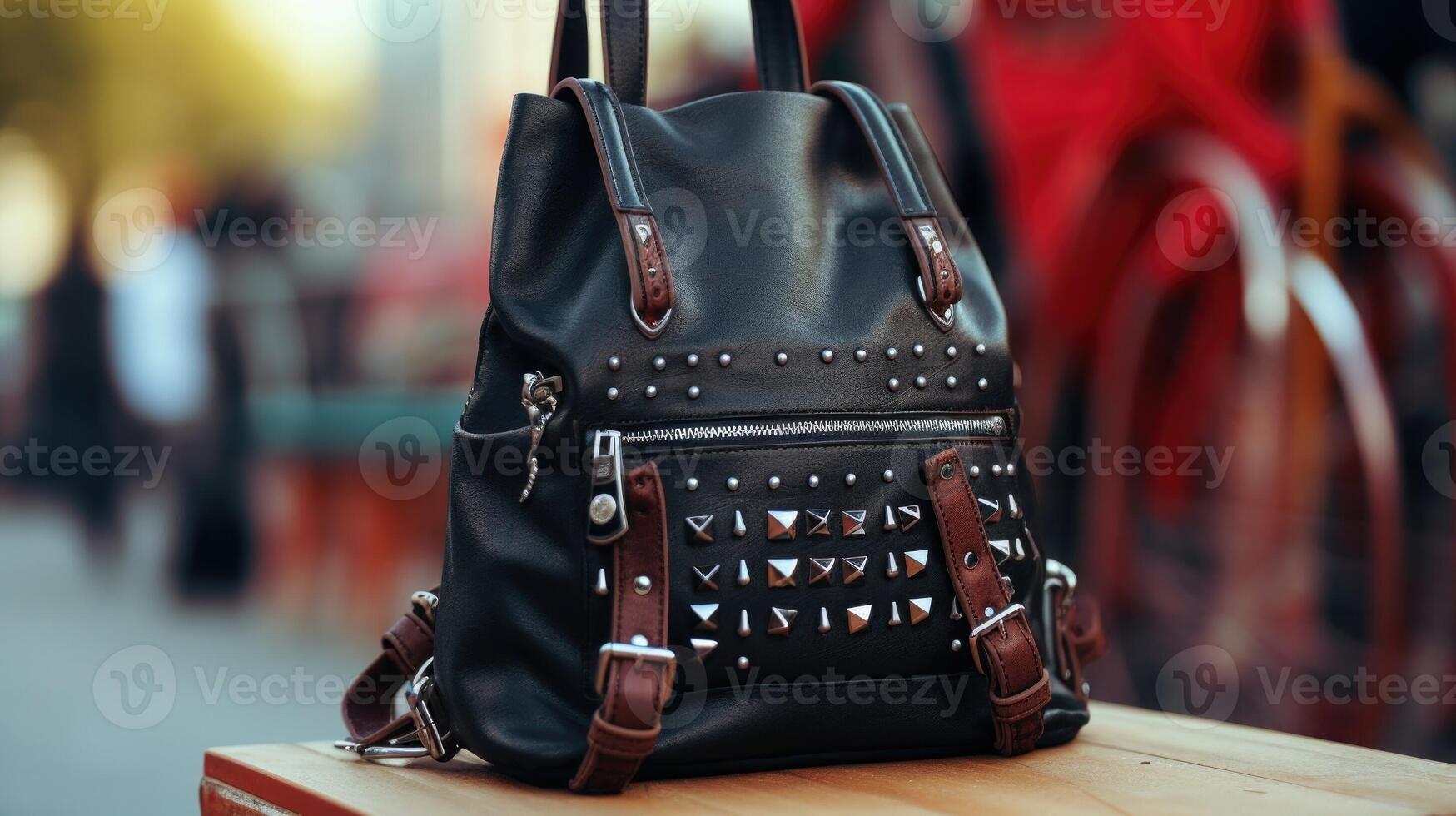 Closeup of a stylish leather backpack adorned with cool hardware, adding an edgy touch to a fashionforward ensemble. photo