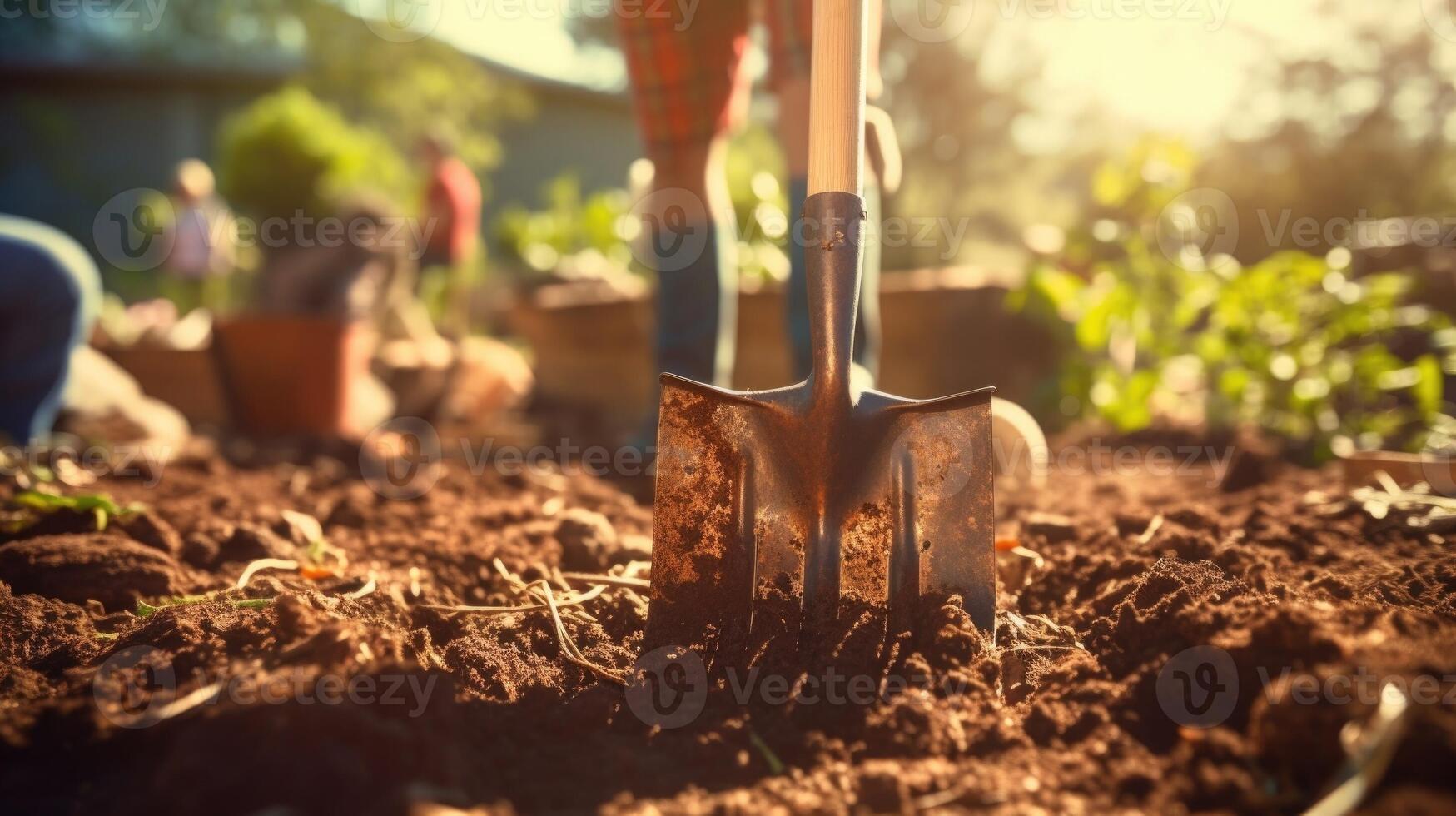 Closeup of a rake digging into the earth, helping to clear debris from a community garden. photo