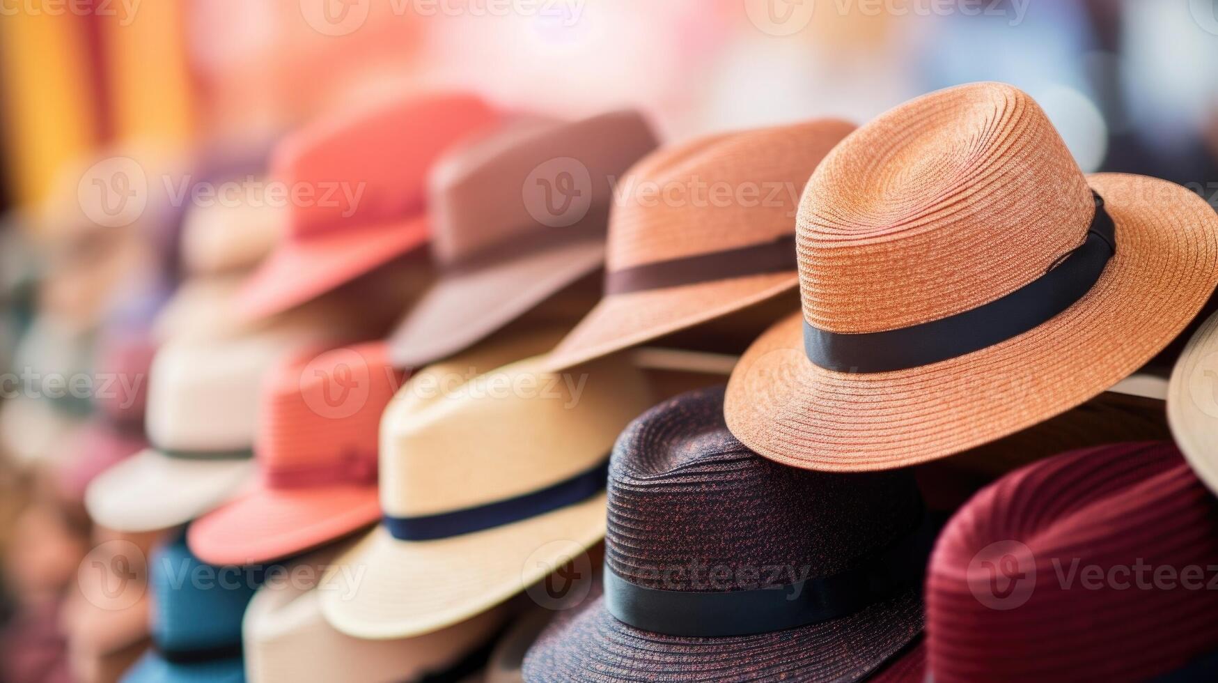 Detailed view of a wall full of trendy hats and headpieces in various styles and materials. photo