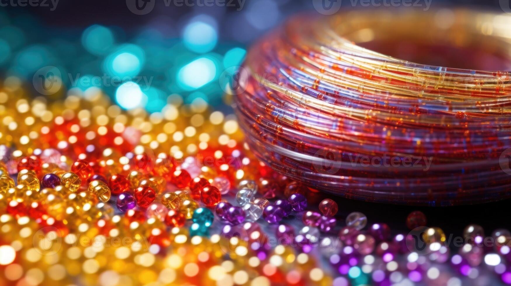 Macro image of tiny seed beads being carefully strung and woven into a beaded necklace. photo