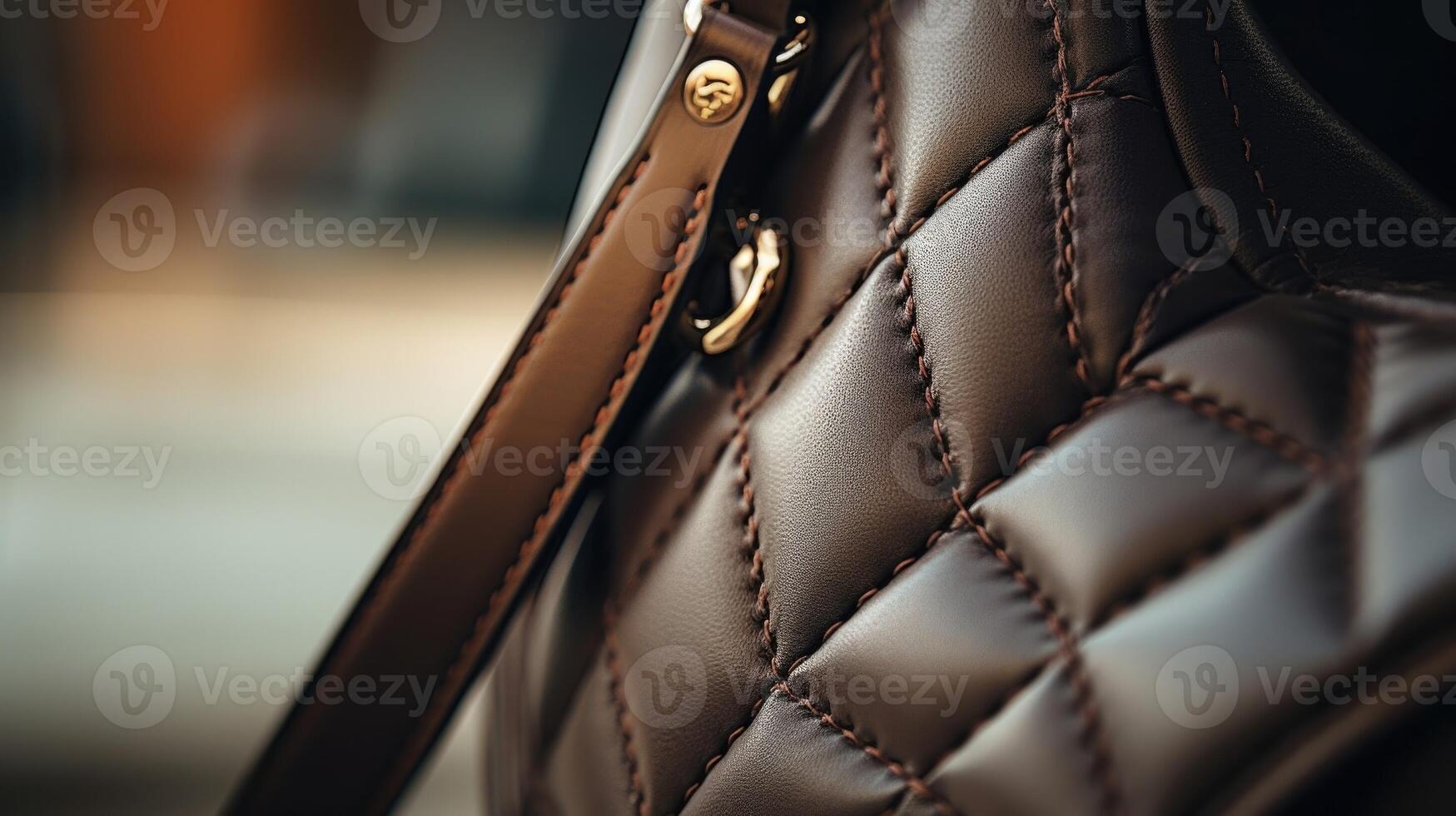 Detailed closeup of a sleek leather handbag, showcasing a subtle quilted design and understated hardware. photo