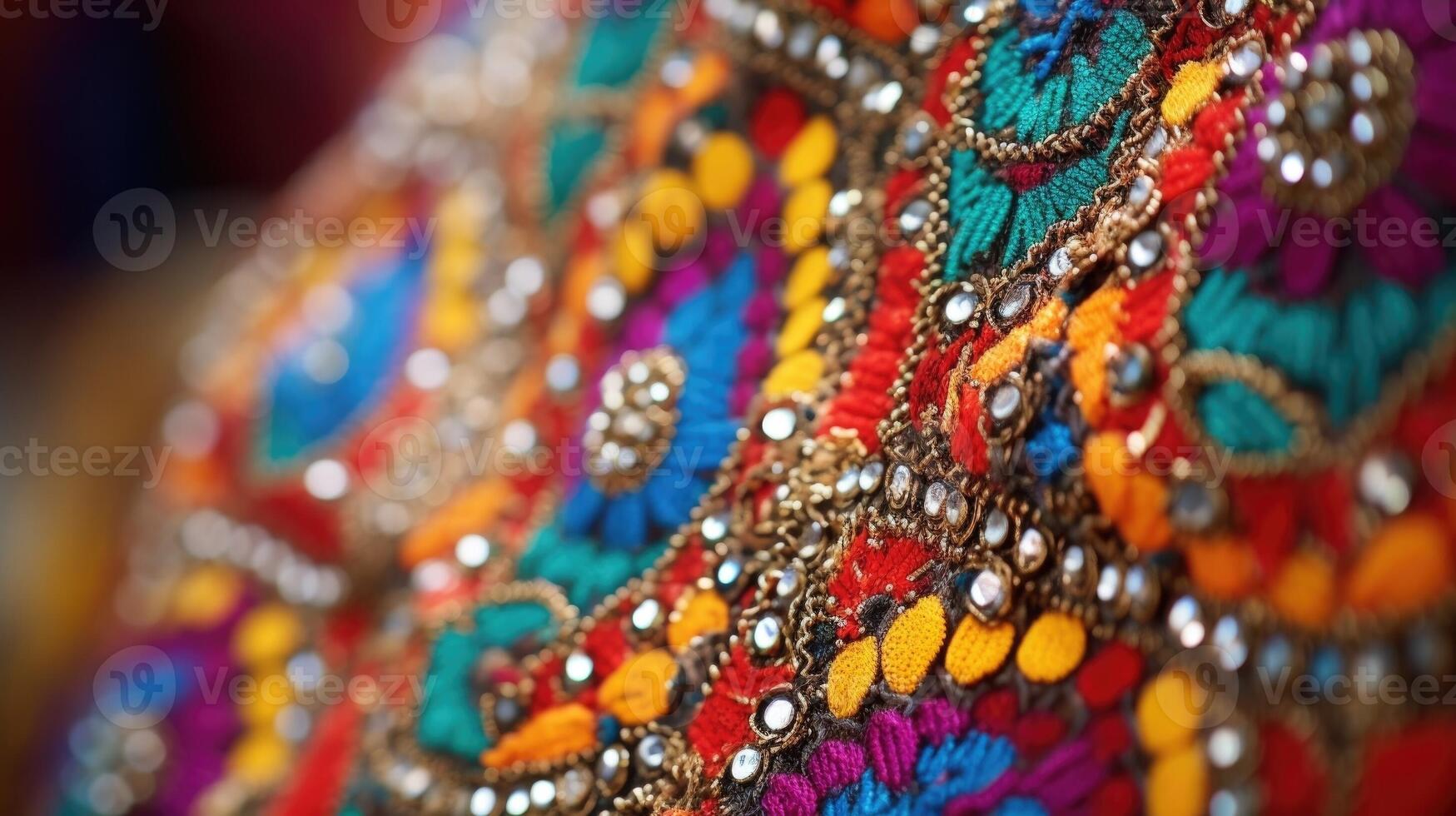 Closeup of a colorful traditional dance costume featuring intricate embroidery and beadwork. photo