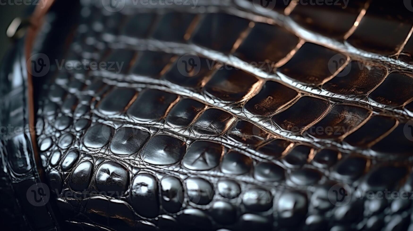 Up close shot of a luxurious crocodile skin handbag, highlighting the unique texture and highend material. photo