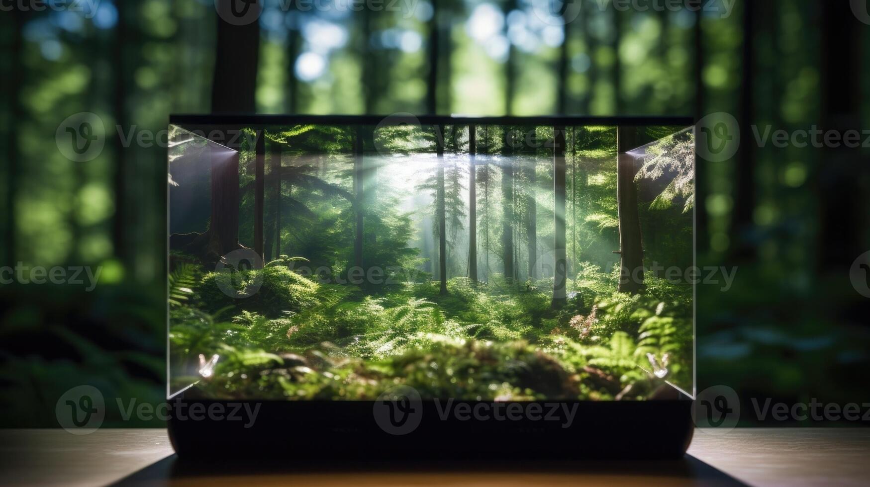 Closeup of a computer screen displaying a virtual reality simulation of a peaceful forest. photo