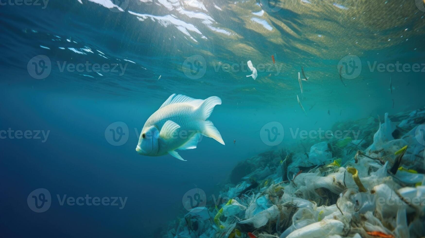 Closeup of a fish surrounded by plastic debris in the ocean, a reminder of how plastic pollution affects all forms of marine life. photo