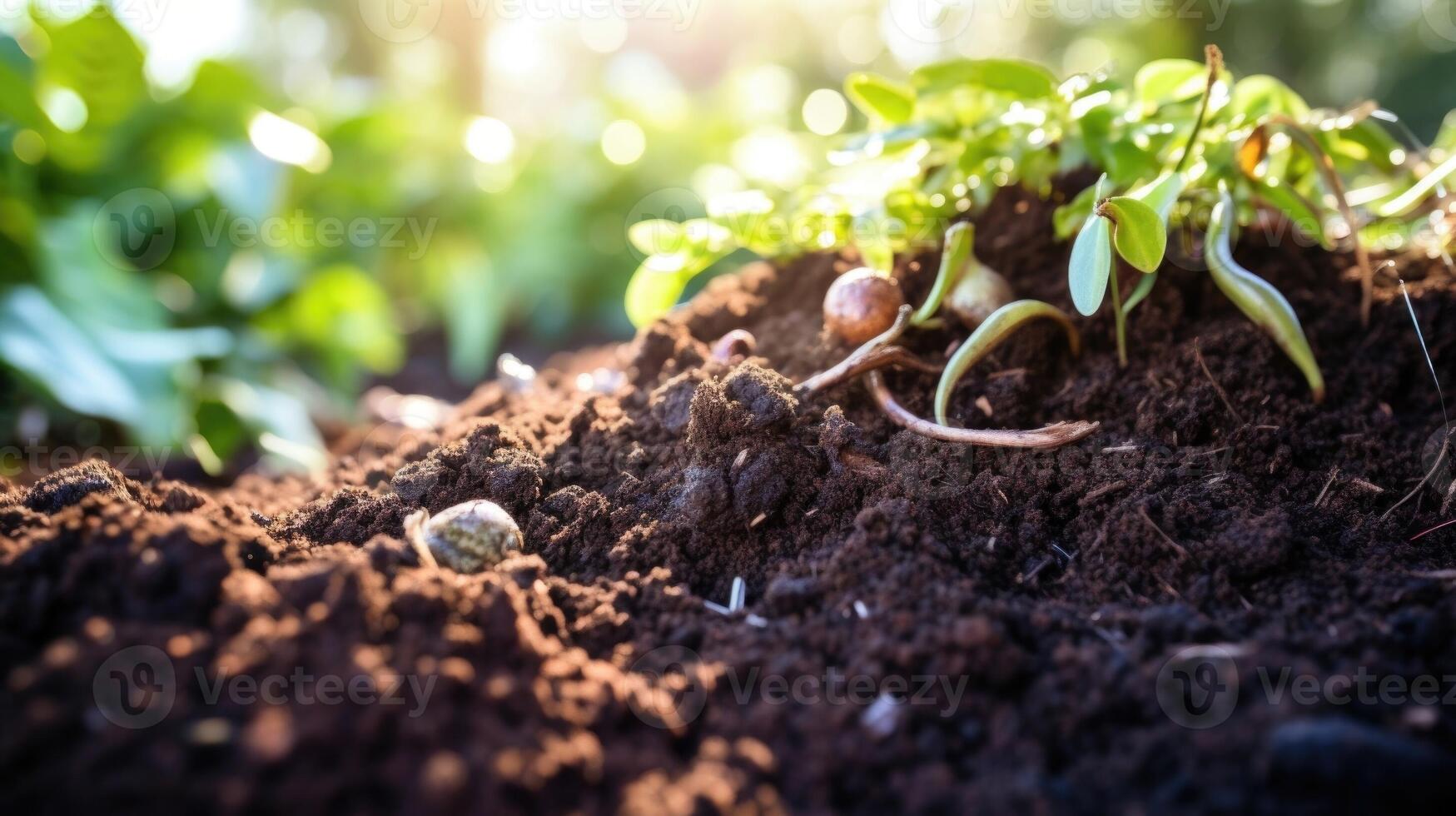 Macro shot of a compost pile teeming with microorganisms, a crucial element in sustainable soil health. photo