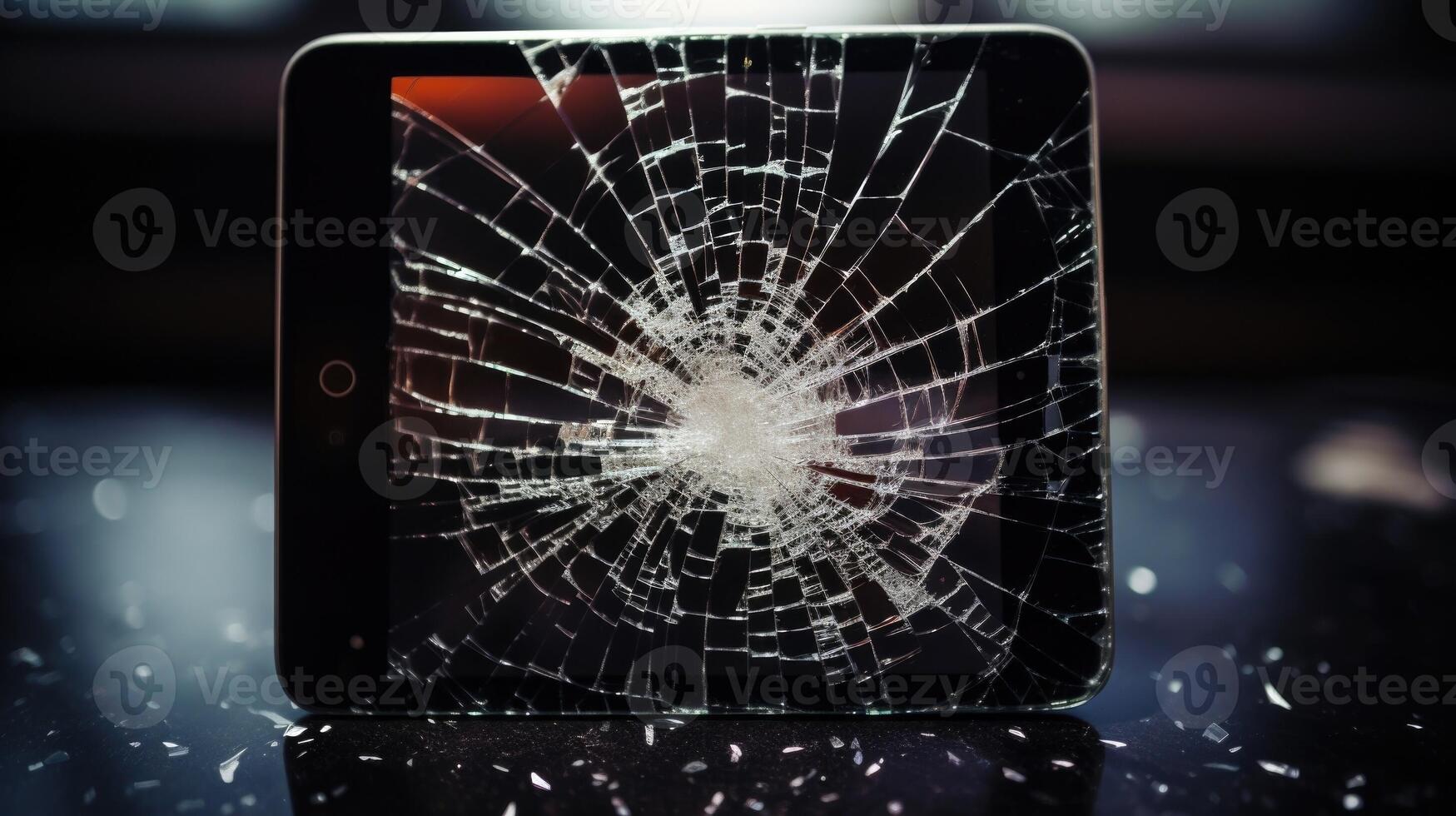 Closeup of a shattered and cracked tablet screen with a cyberbullying logo and the words enough is enough, demanding action and accountability against online harassment. photo