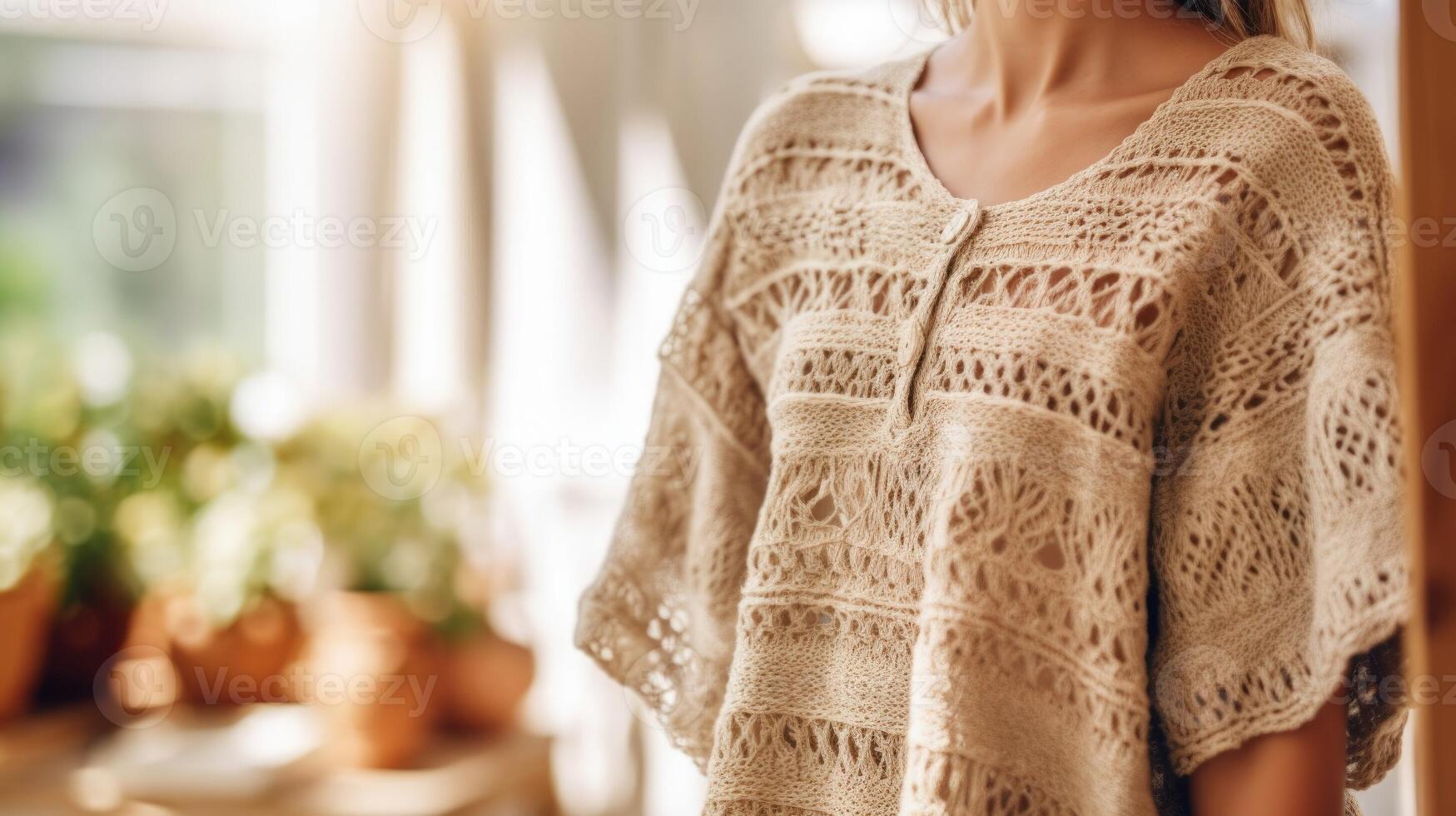 Closeup of a handwoven hemp fabric dress with intricate details in a sustainable fashion boutique. photo